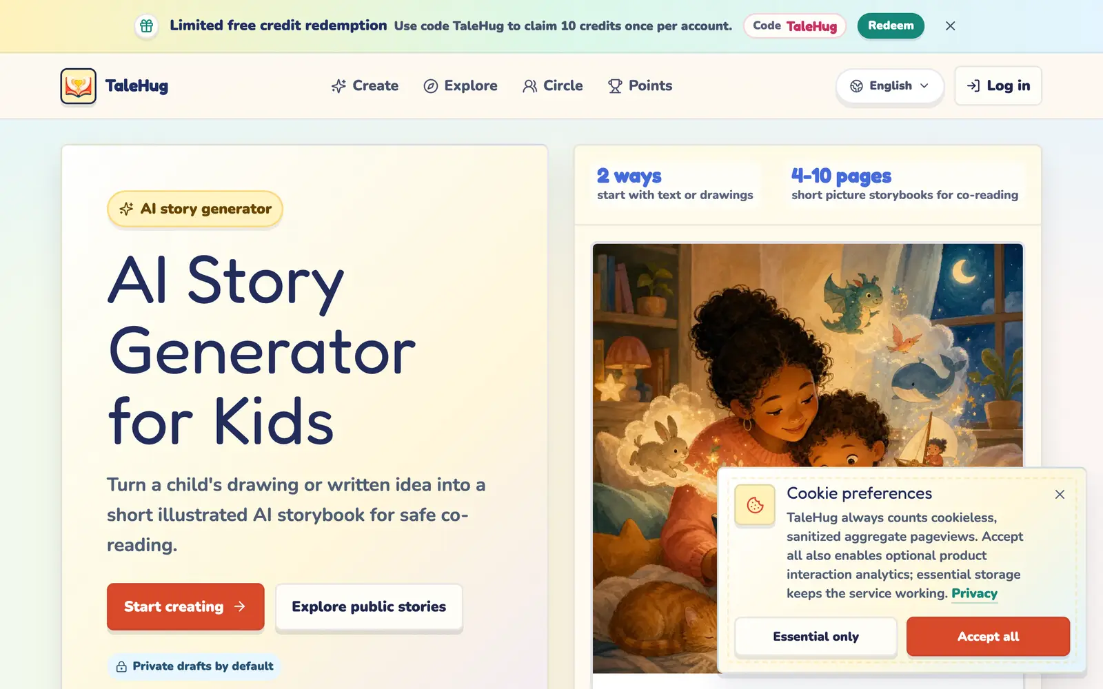 Screenshot of the TaleHug website