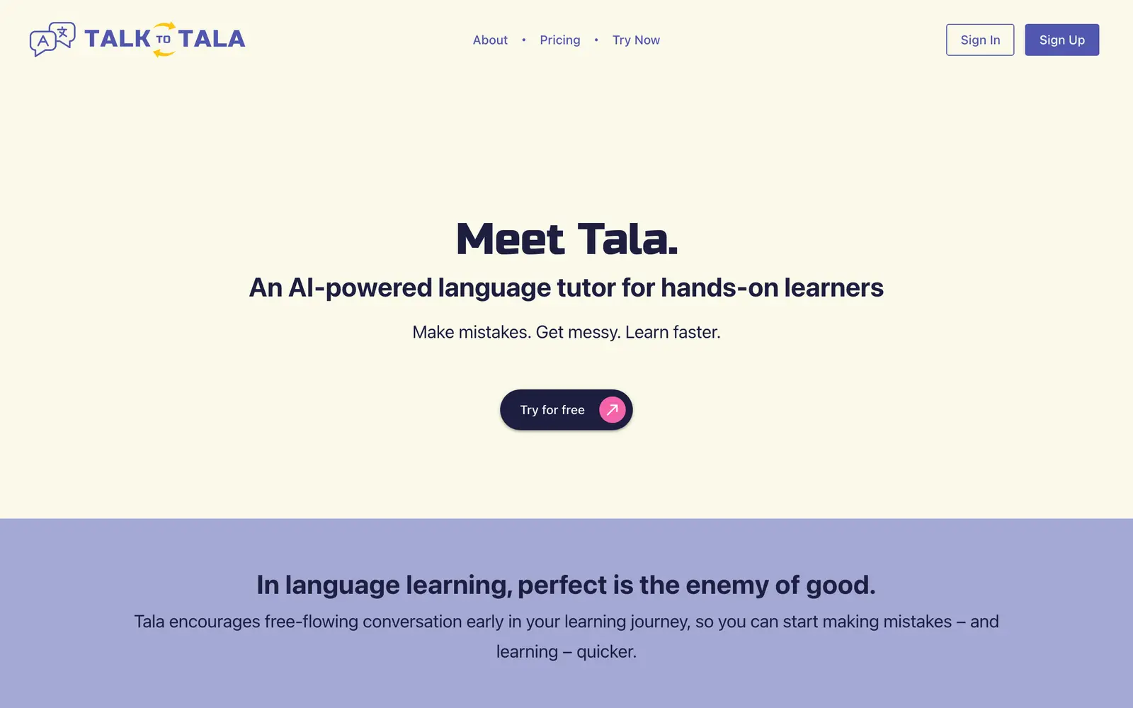 Screenshot of the Talk to Tala website