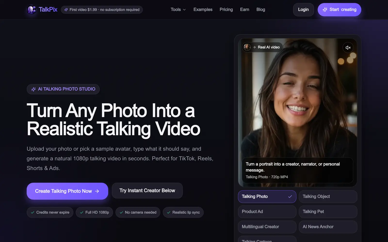 Screenshot of the TalkPix website