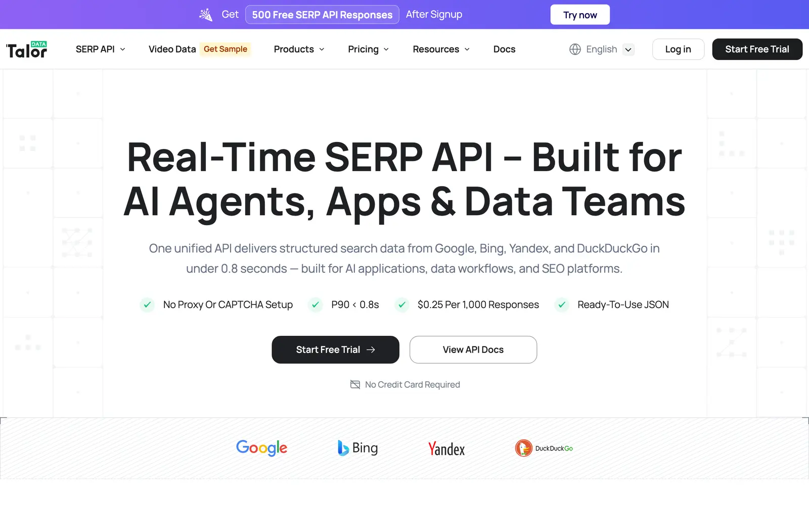 Screenshot of the TalorData SERP API website