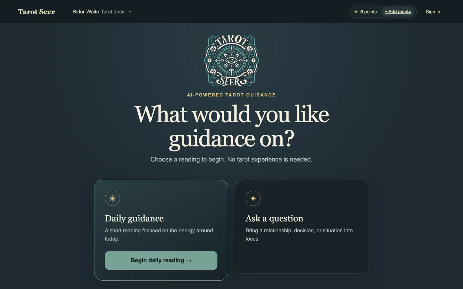 Screenshot of the Tarot Seer website