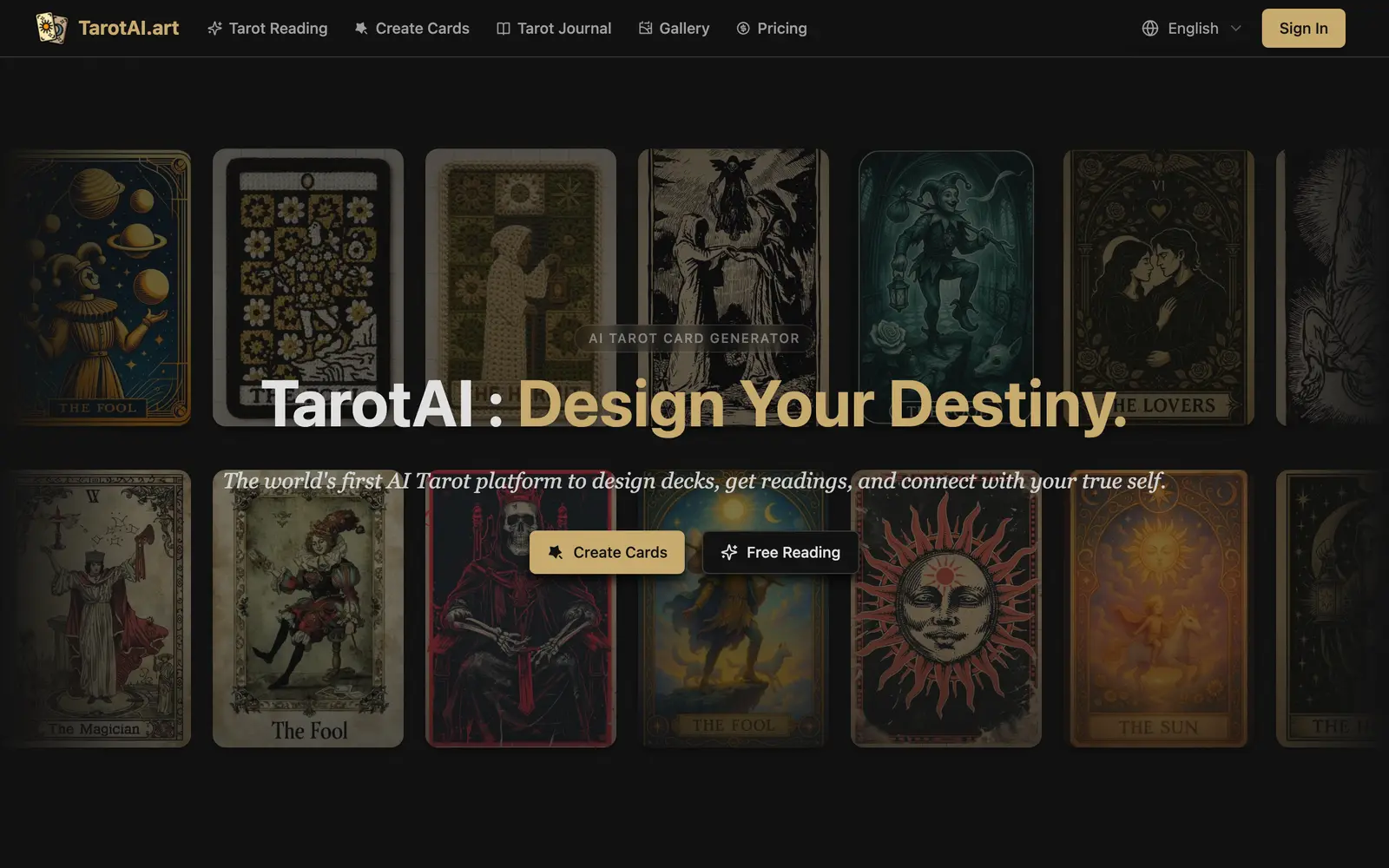 Screenshot of the TarotAI website
