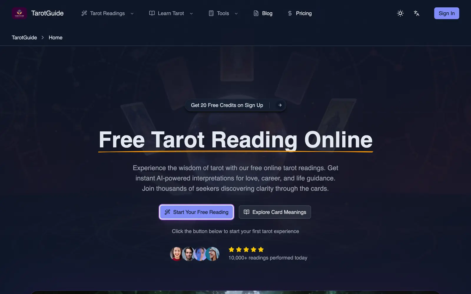 Screenshot of the TarotGuide website