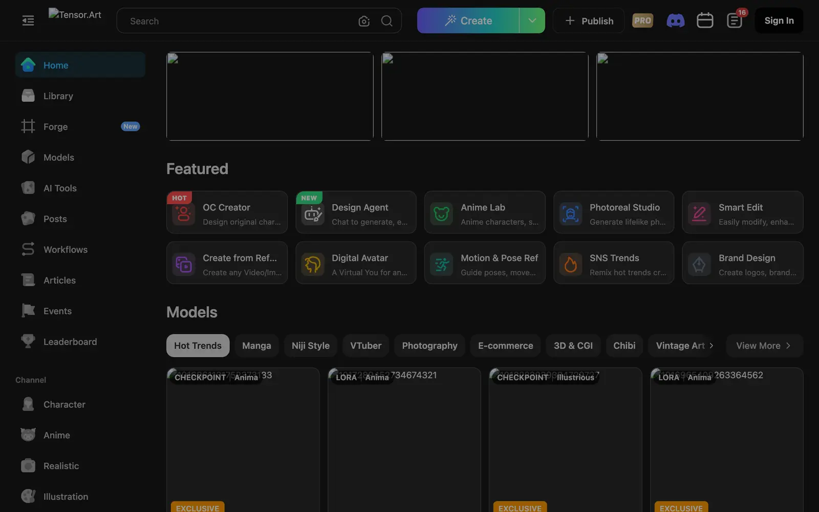 Screenshot of the Tensor.Art website