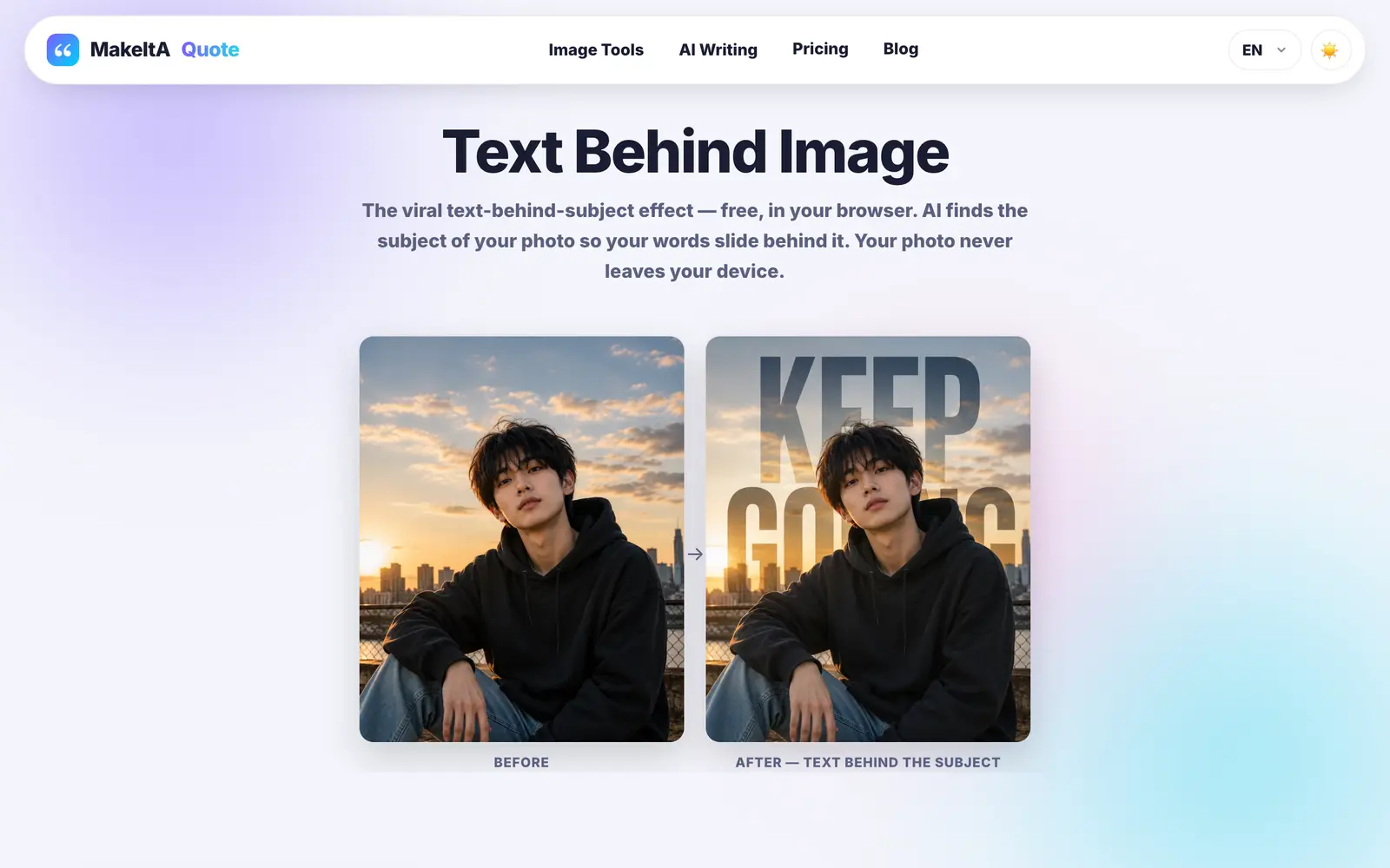 Screenshot of the Text Behind Image website