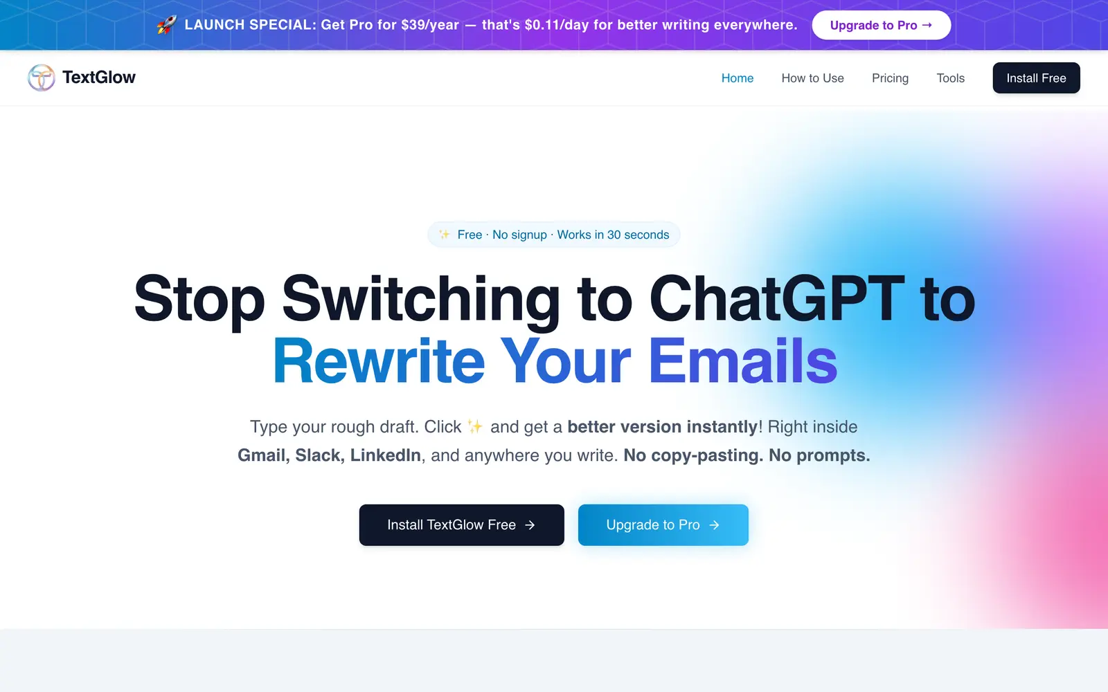 Screenshot of the TextGlow website