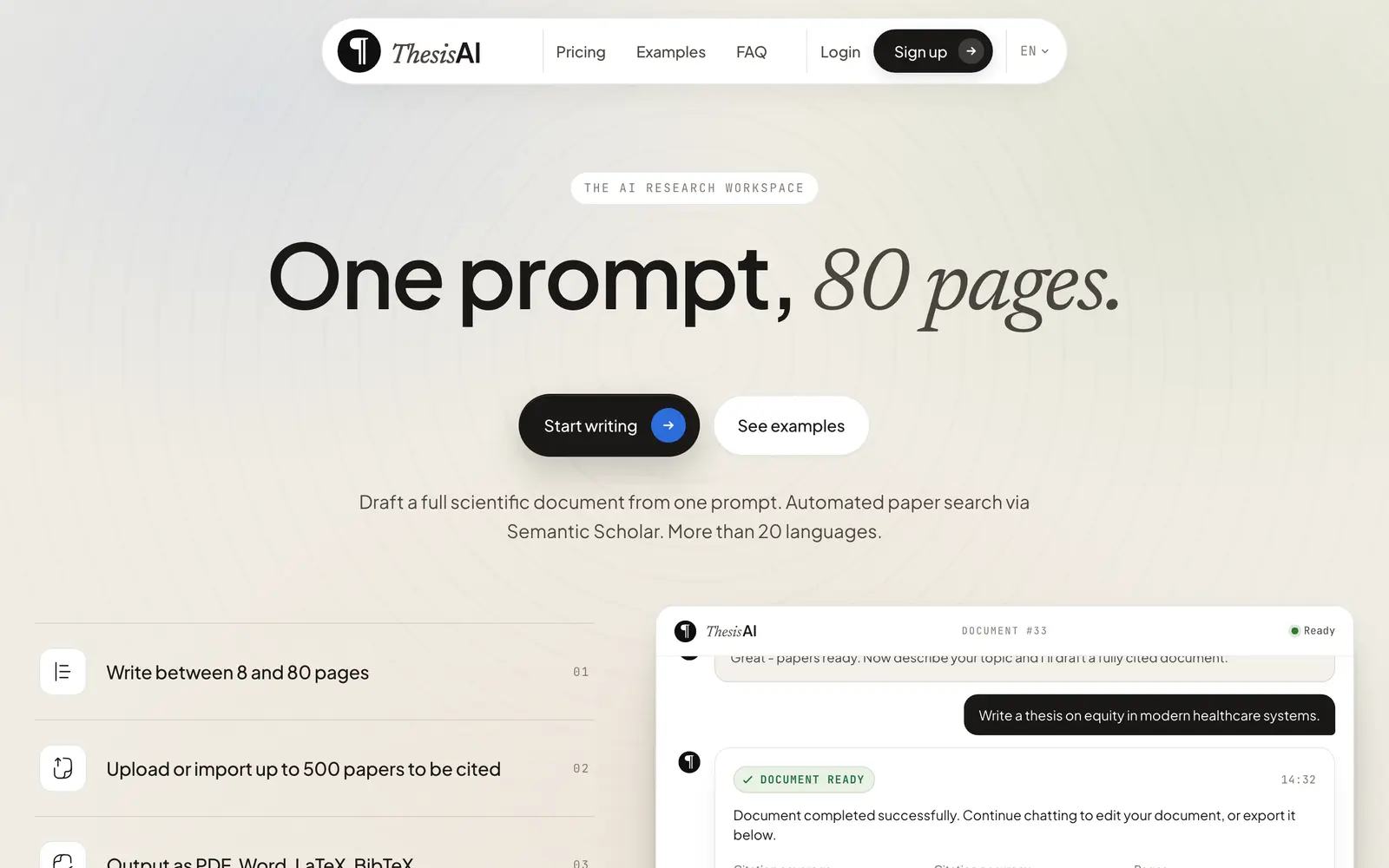 Screenshot of the ThesisAI website