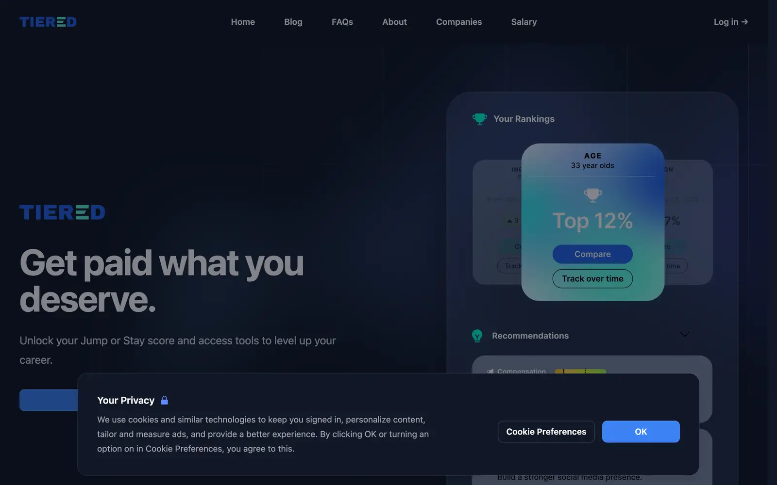Screenshot of the Tiered website