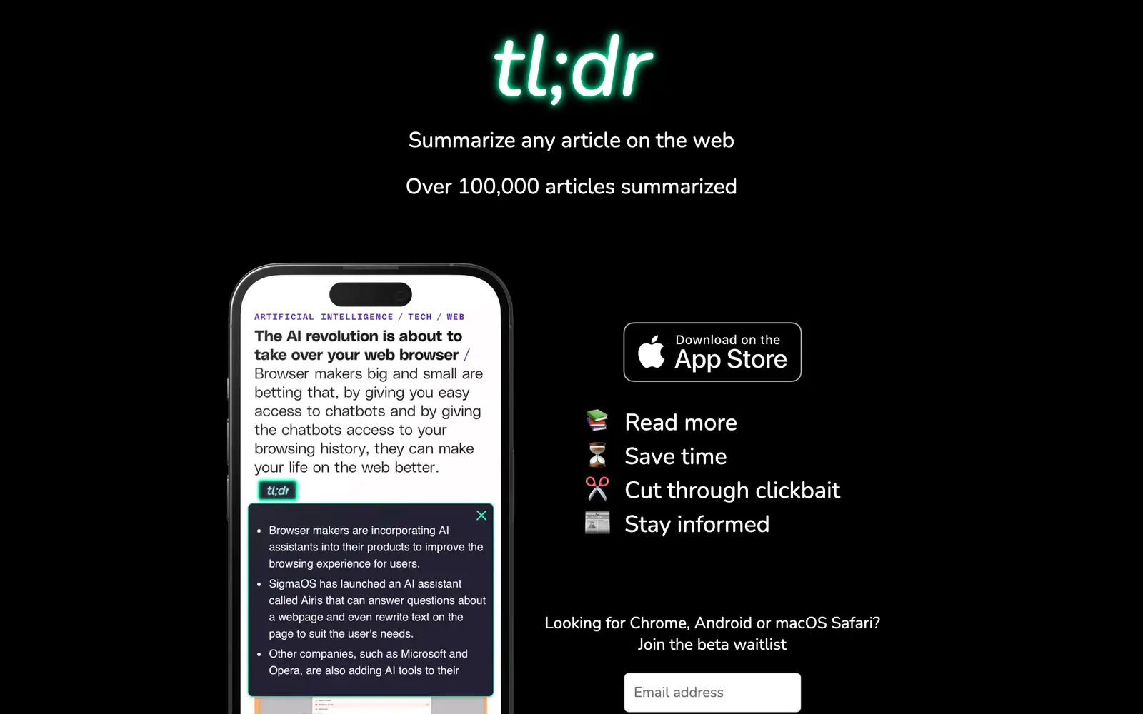 Screenshot of the tl;dr AI Summarizer website