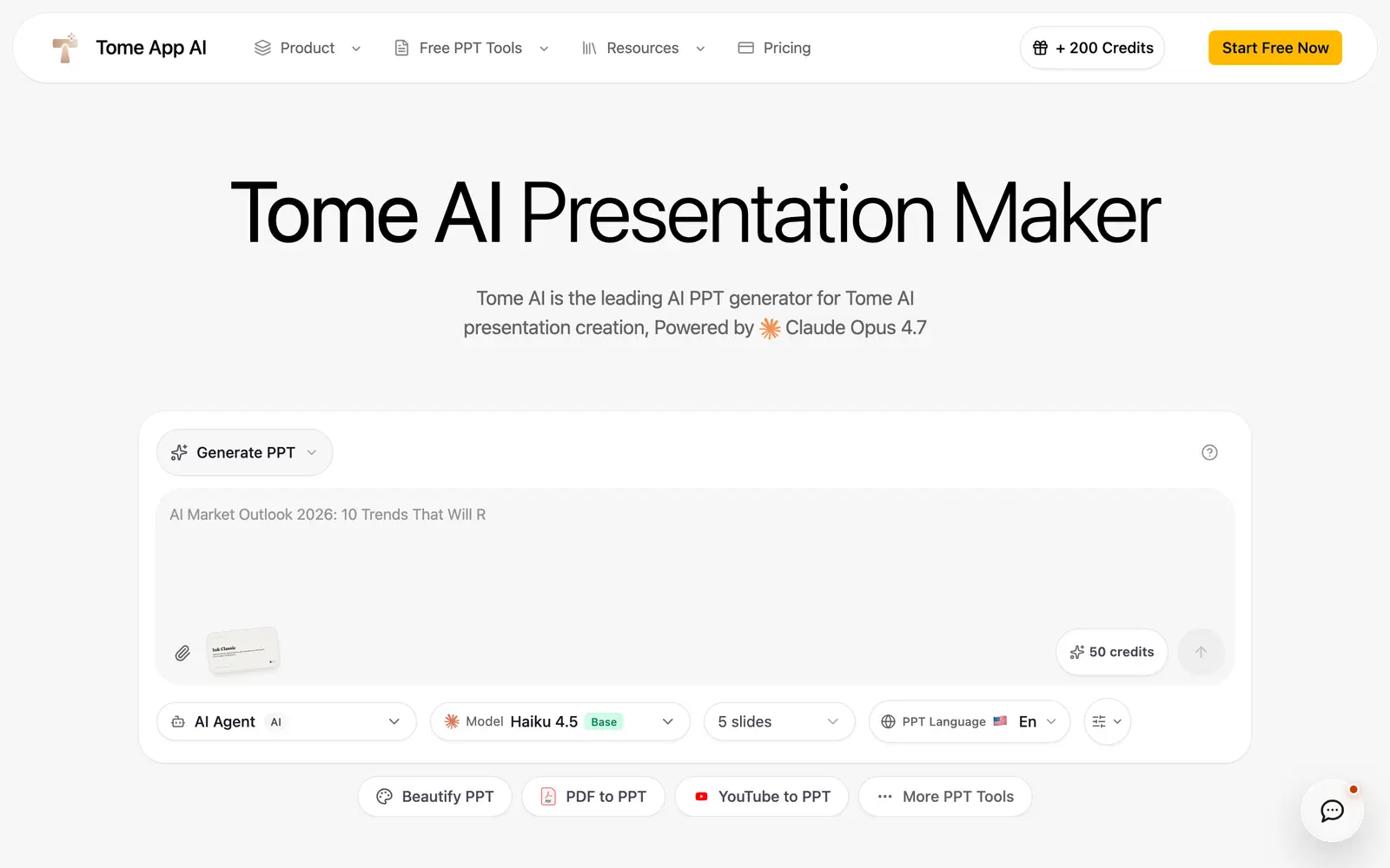 Screenshot of the Tome App AI website