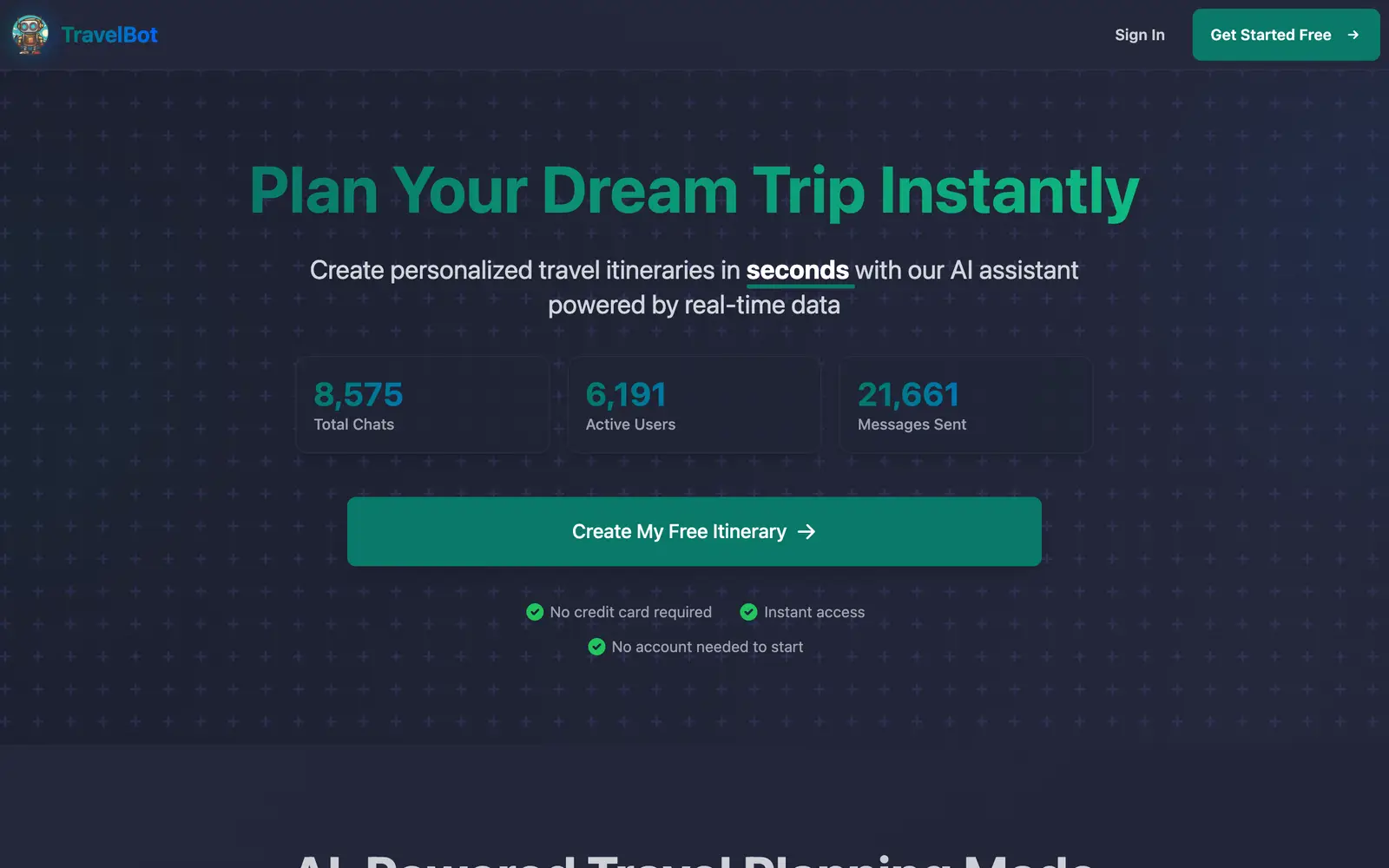 Screenshot of the TravelBot website