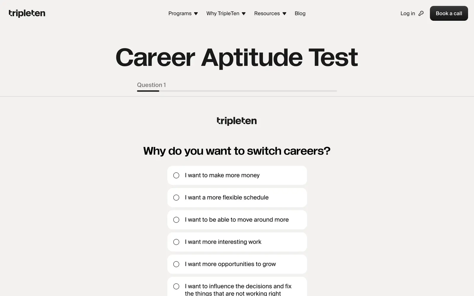 Screenshot of the TripleTen Career Aptitude Test website