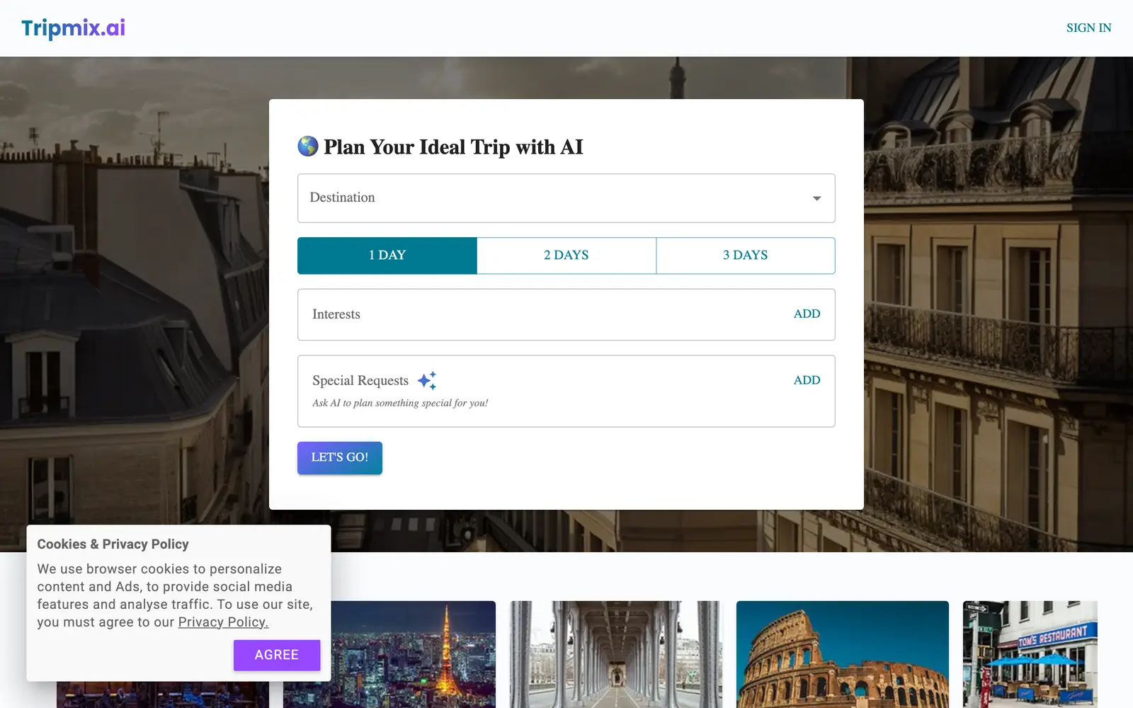 Screenshot of the Tripmix website