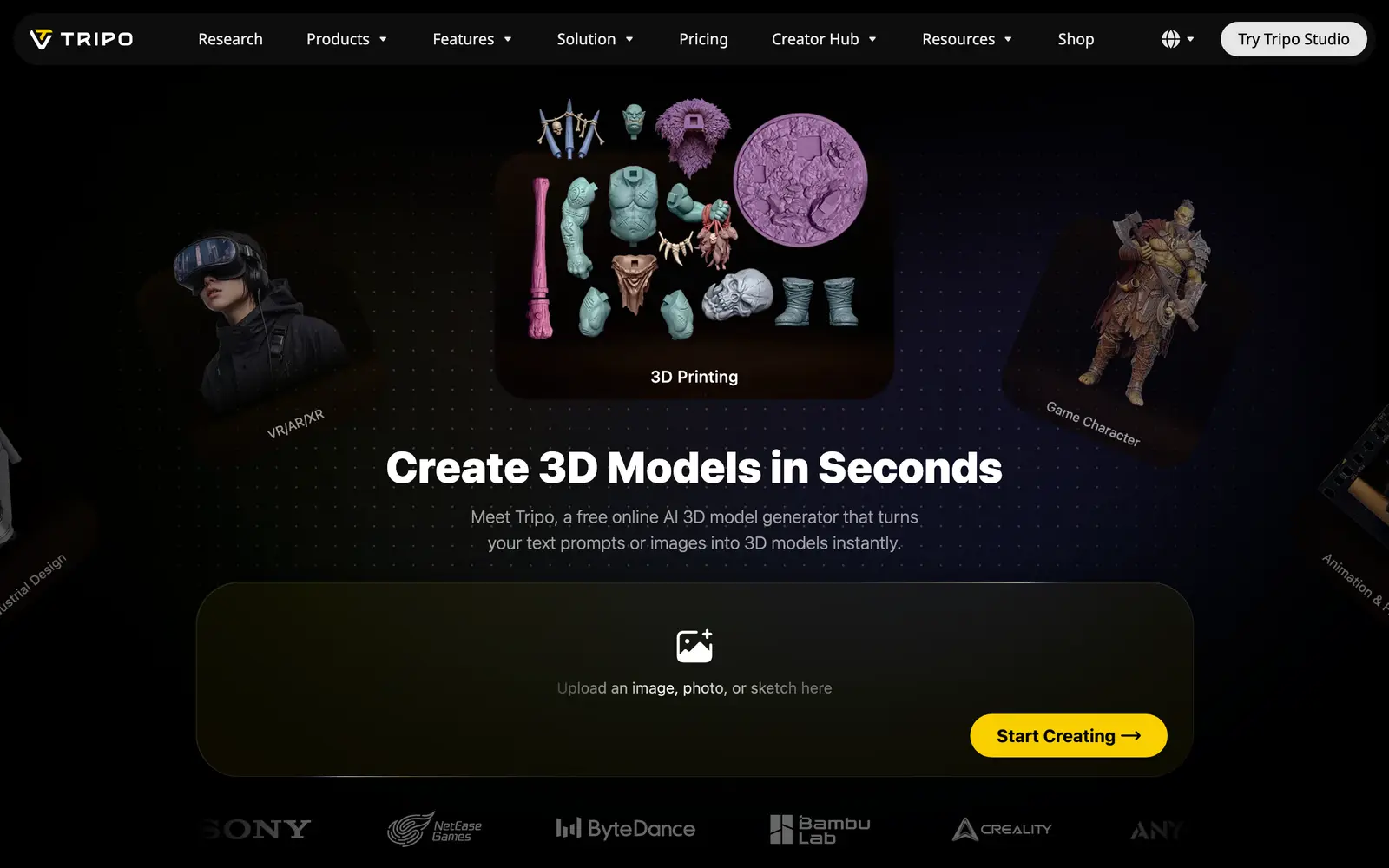 Screenshot of the Tripo website