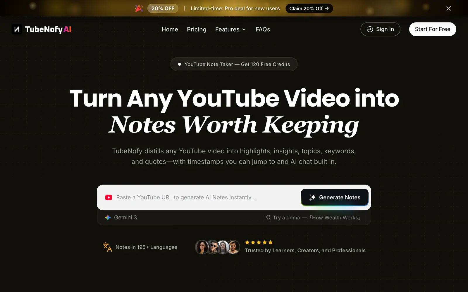 Screenshot of the TubeNofy website