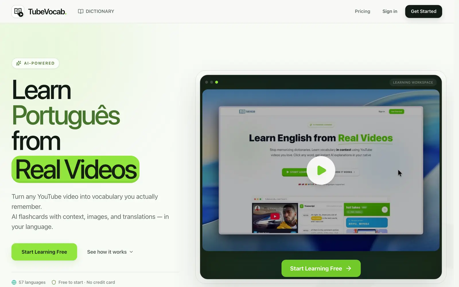 Screenshot of the TubeVocab website