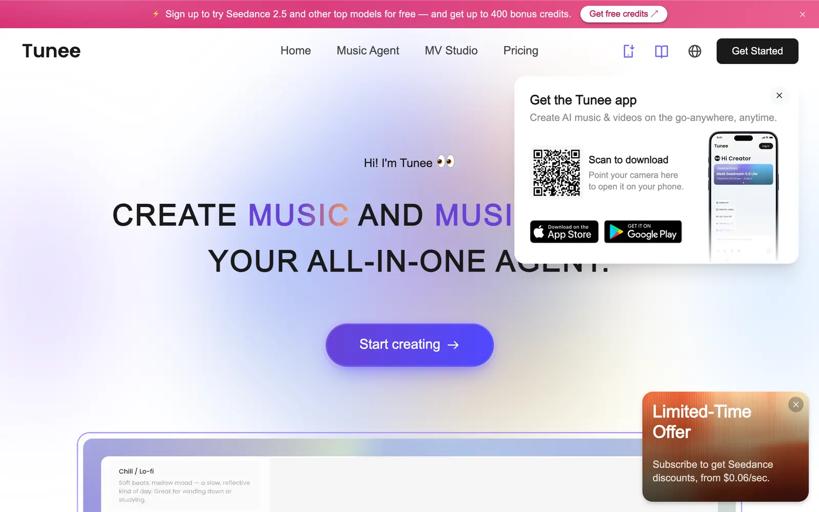 Screenshot of the Tunee website