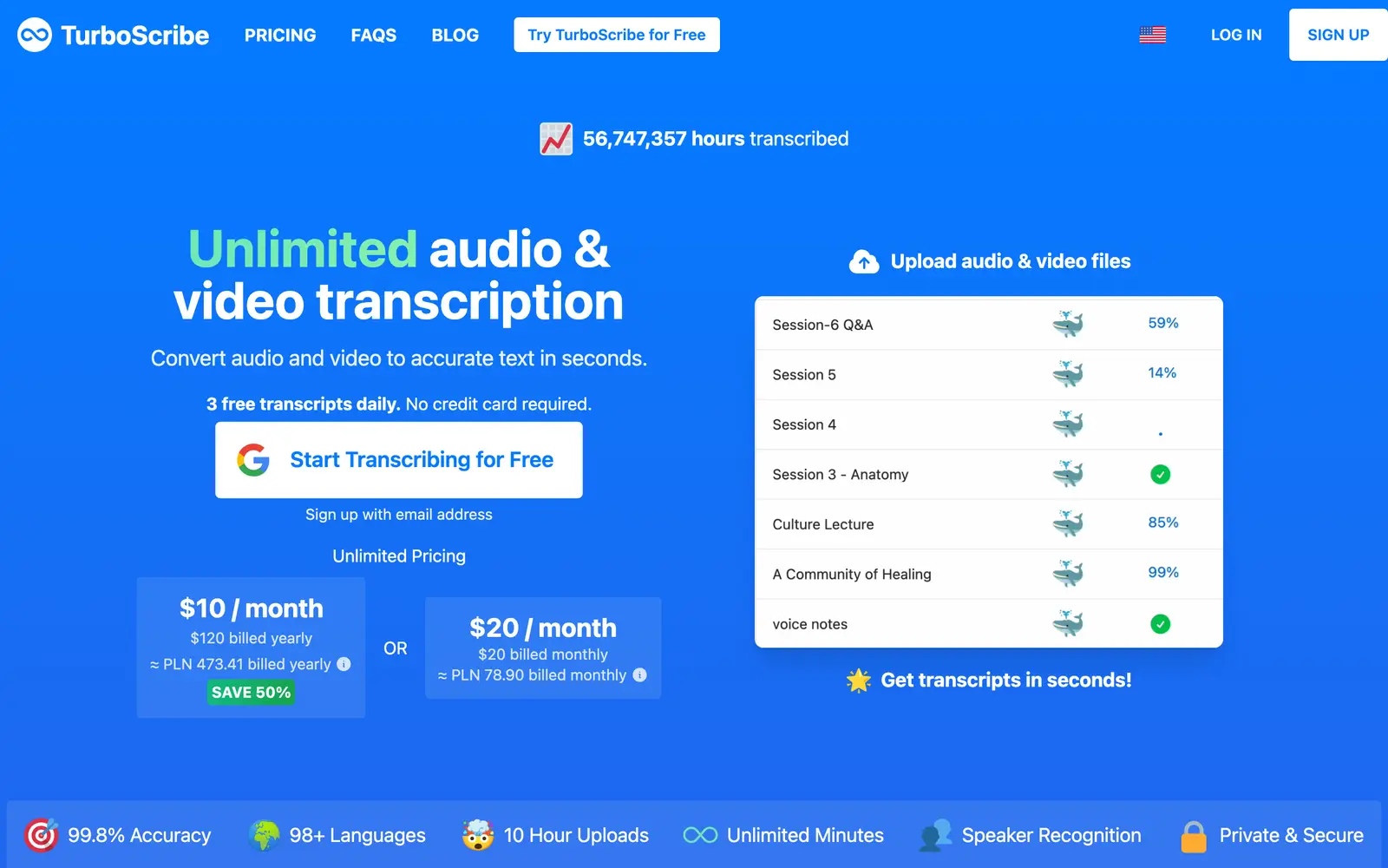 Screenshot of the TurboScribe website