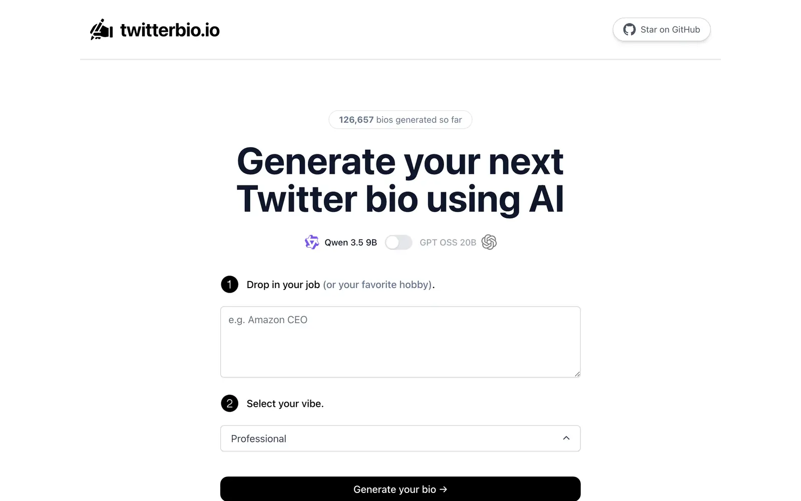 Screenshot of the Twitter Bio Generator website