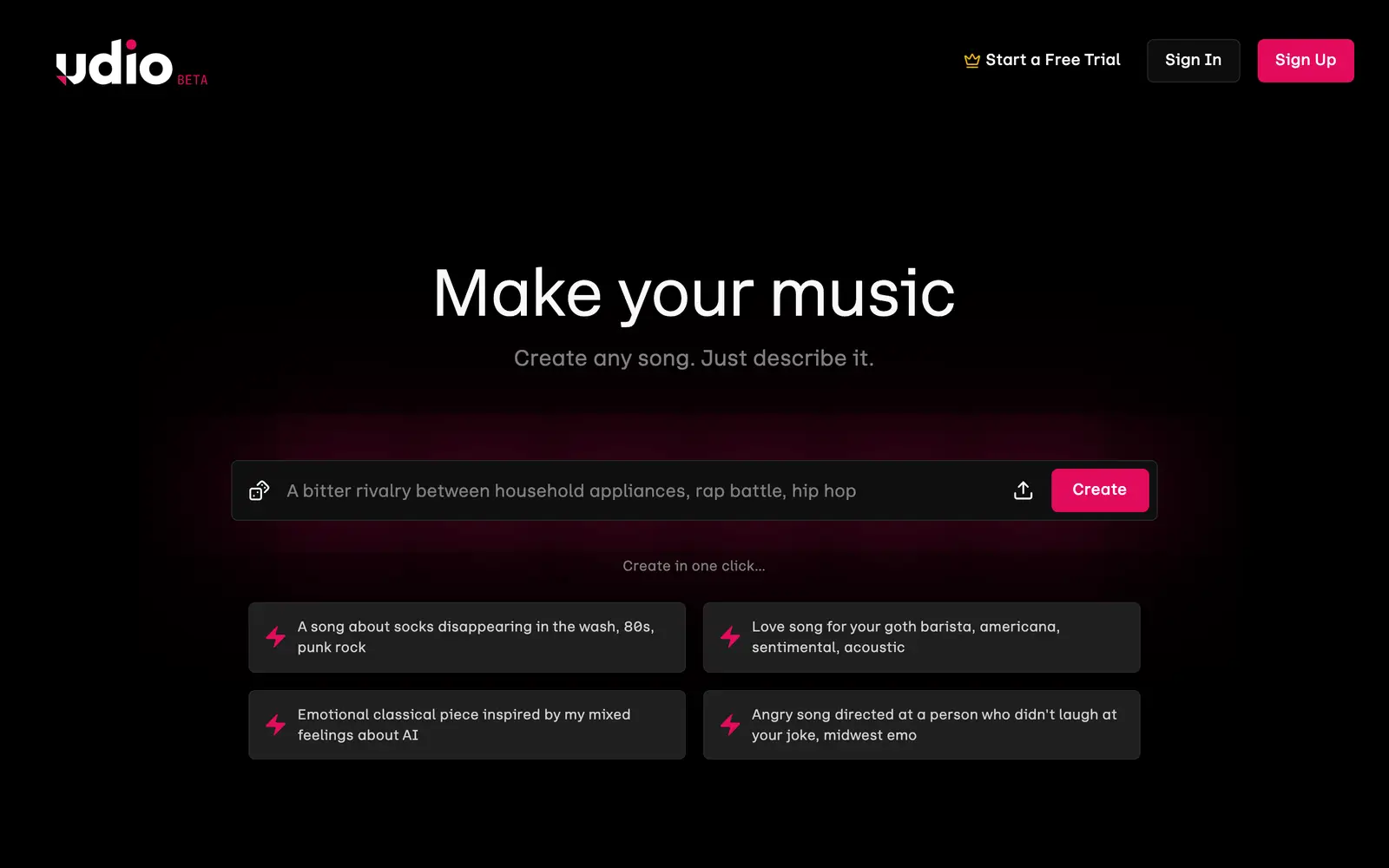 Screenshot of the Udio website