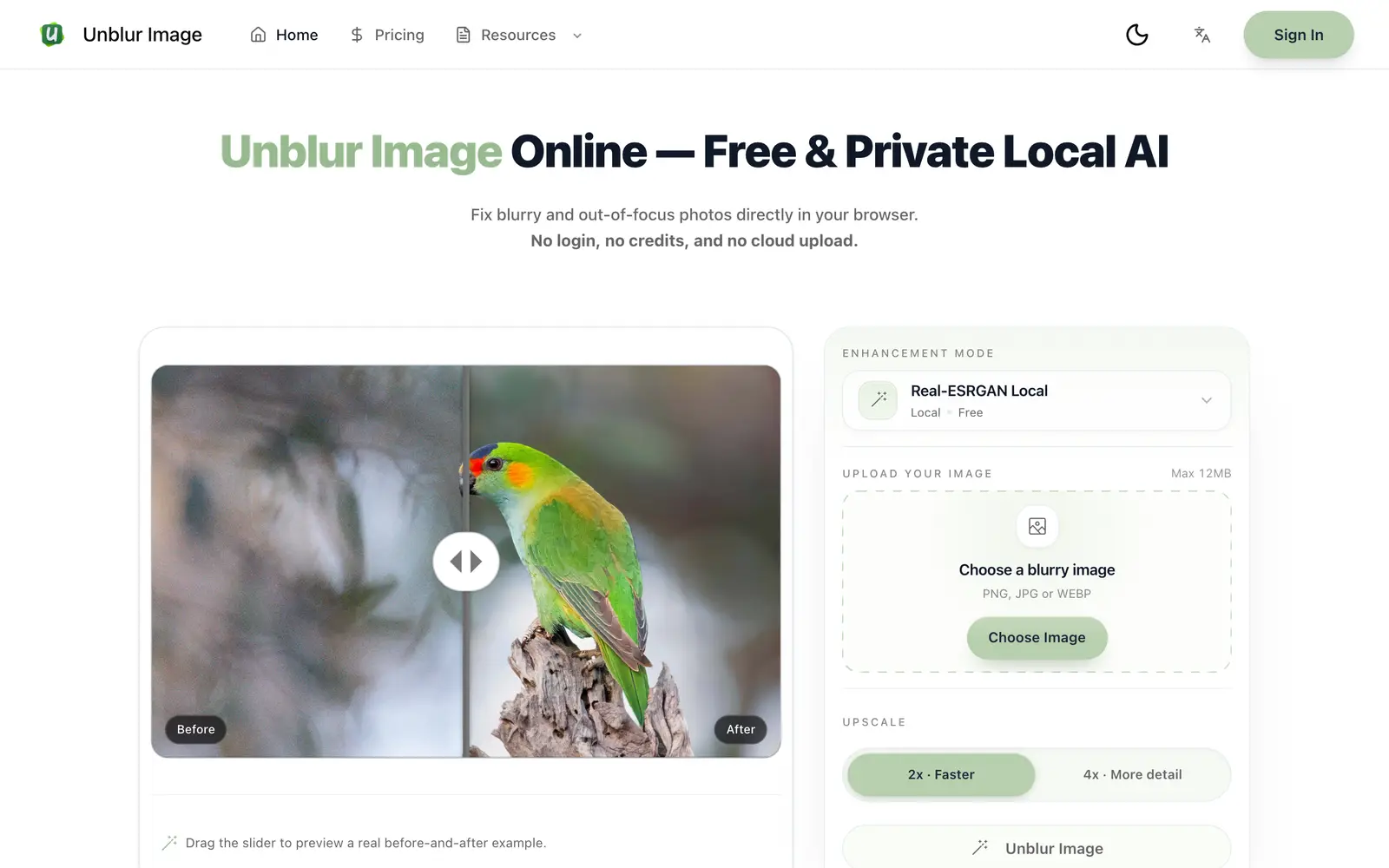 Screenshot of the Unblur Image.io website