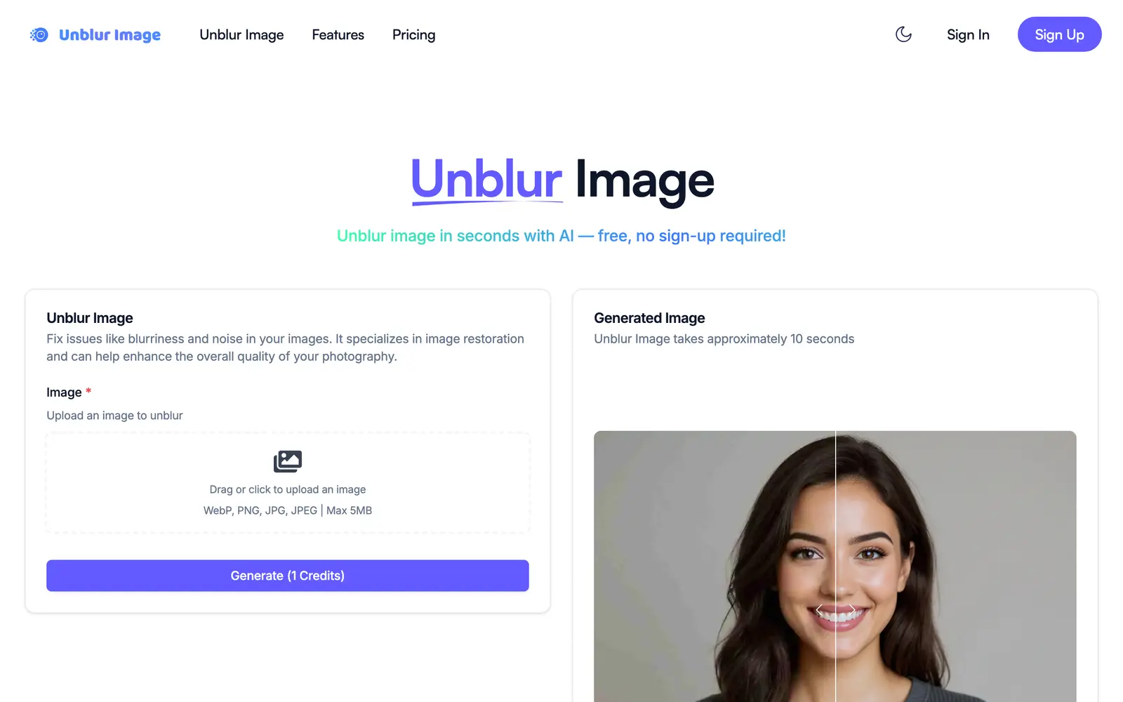 Screenshot of the Unblur Img AI website