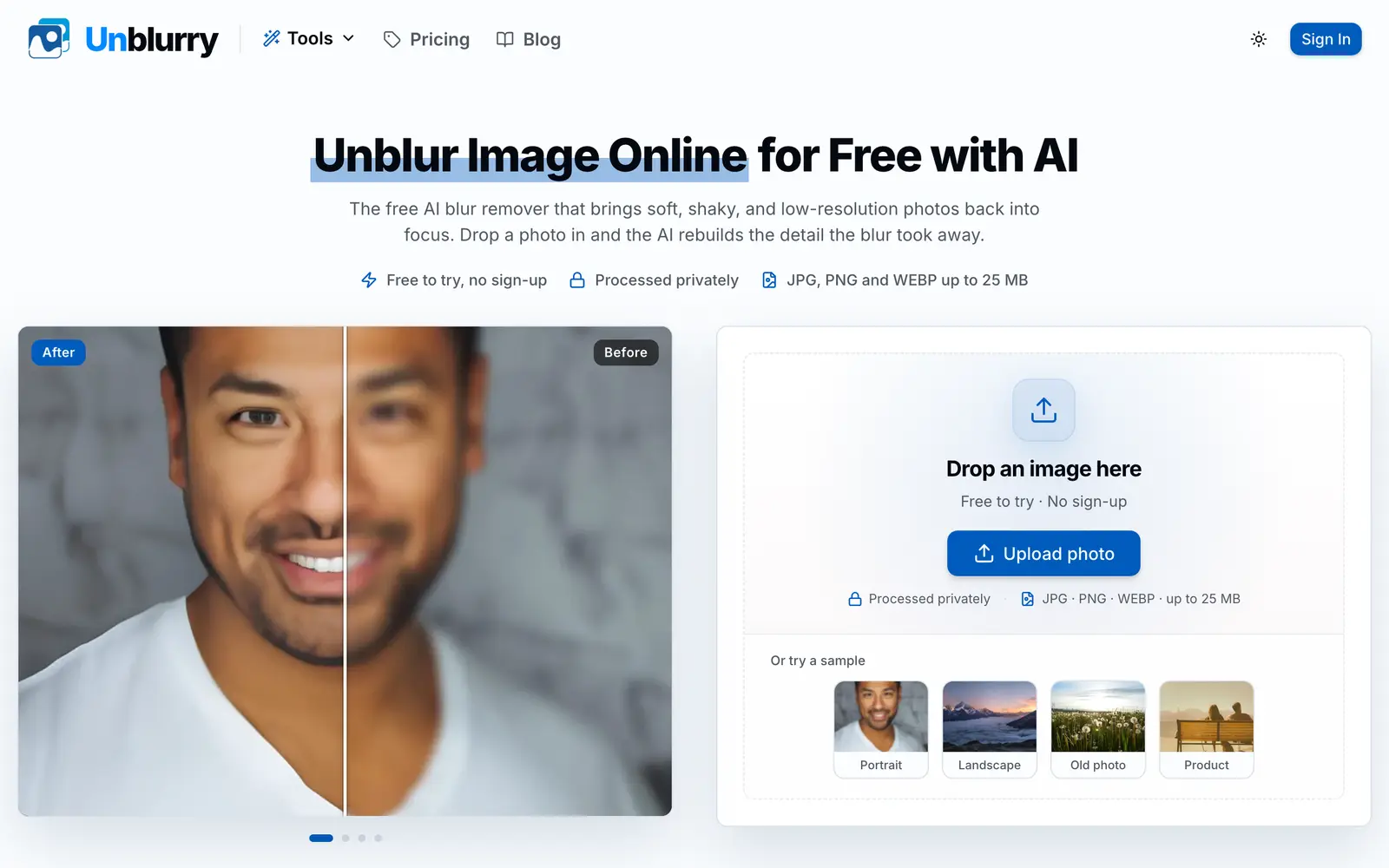 Screenshot of the Unblurry website