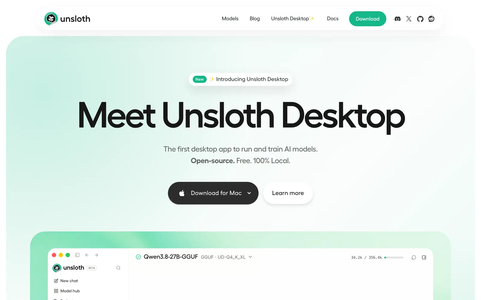 Screenshot of the Unsloth website