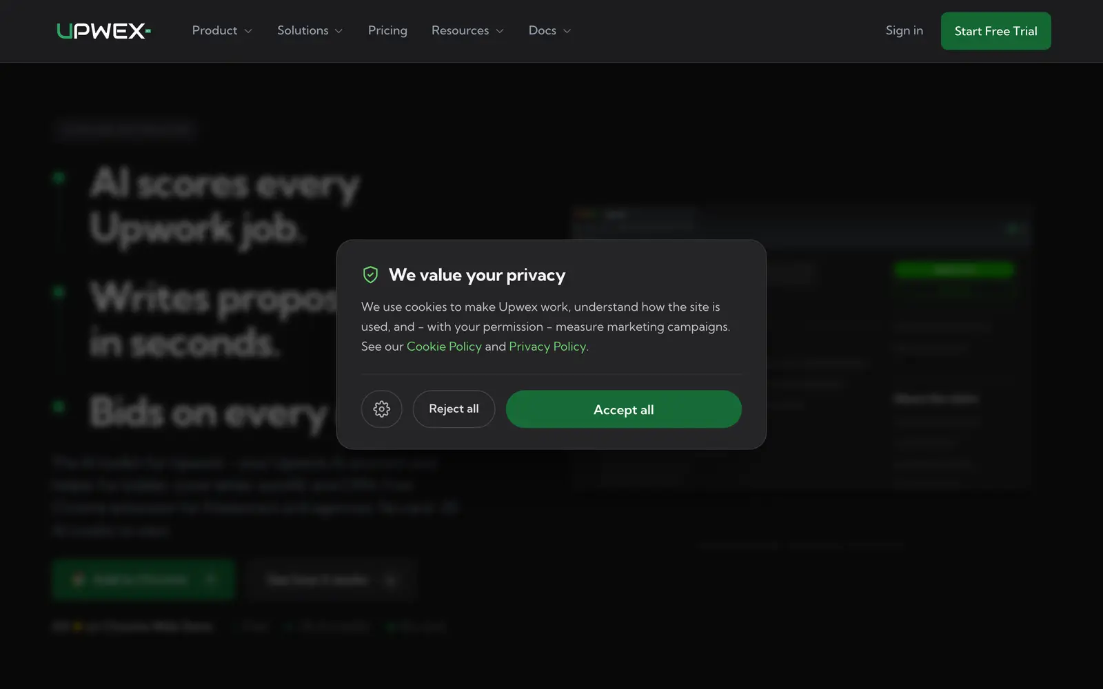 Screenshot of the Upwex website