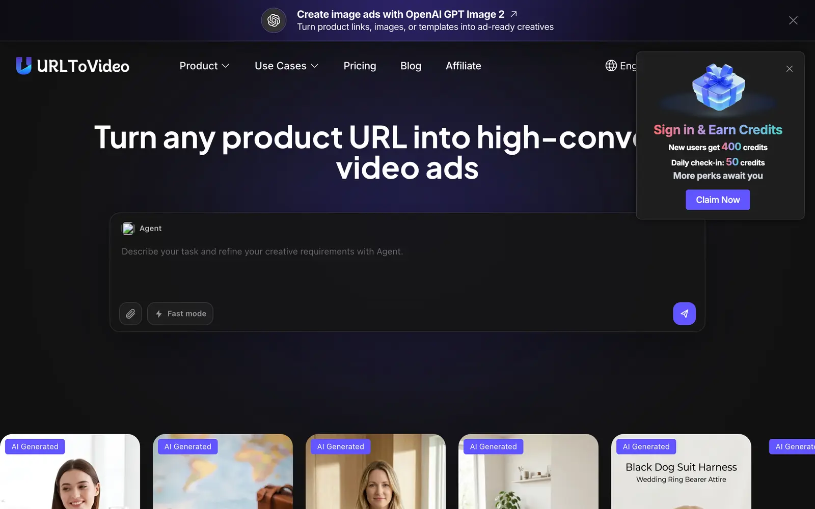 Screenshot of the URL to Video AI website