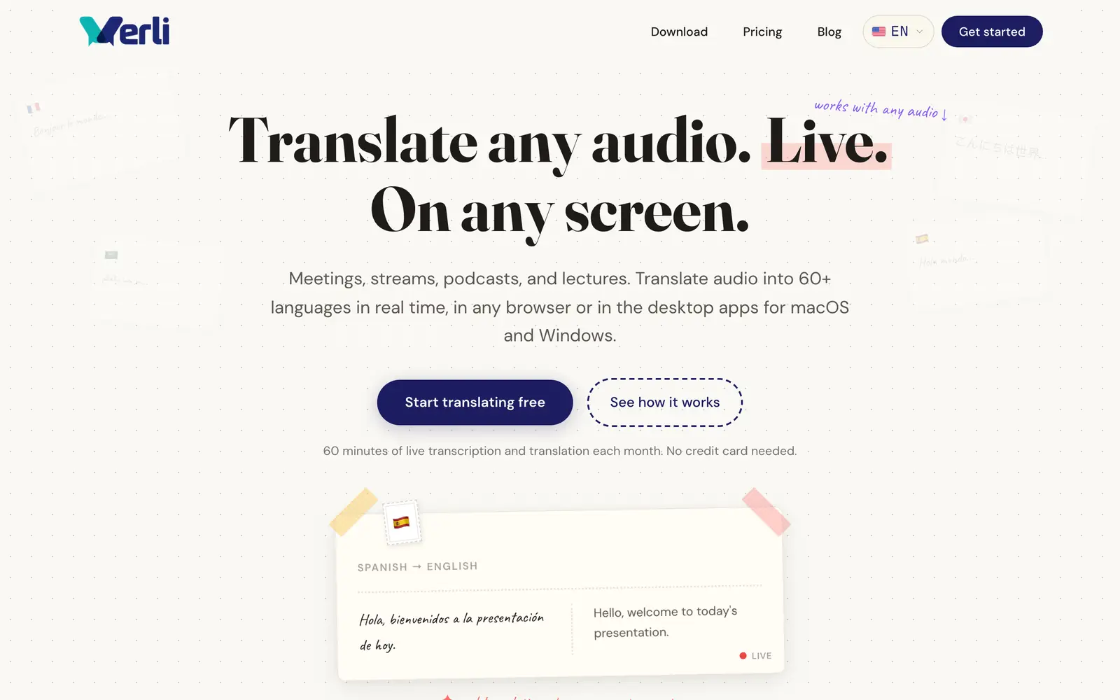 Screenshot of the Verli website