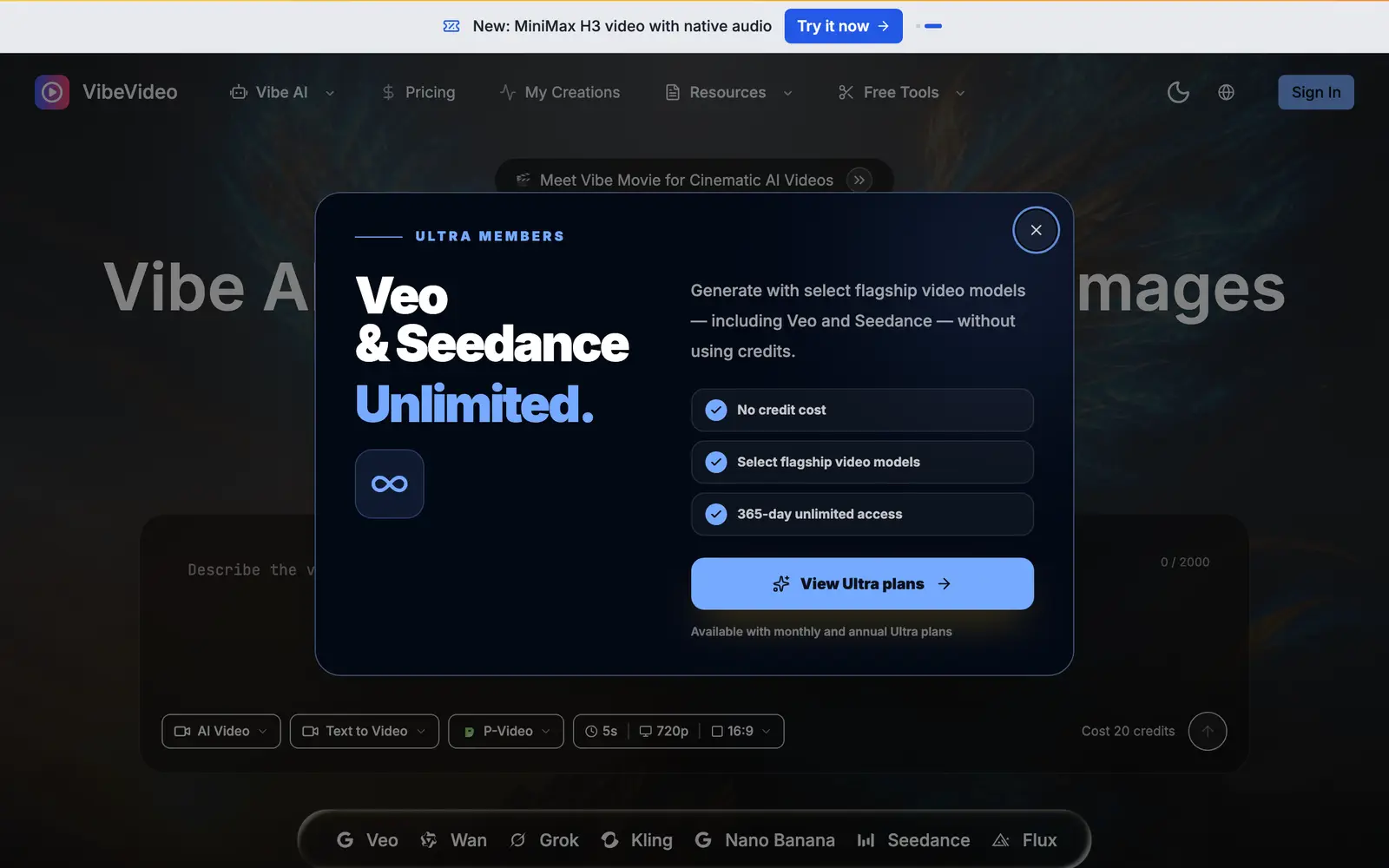 Screenshot of the VibeVideo website