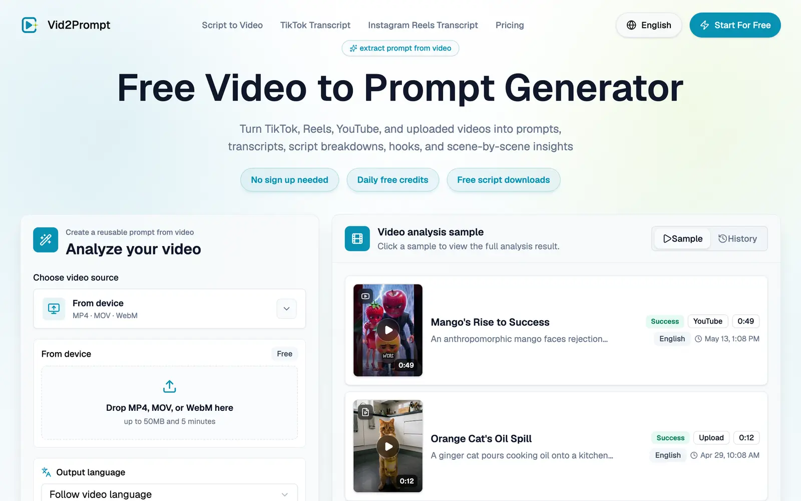 Screenshot of the Vid2Prompt website