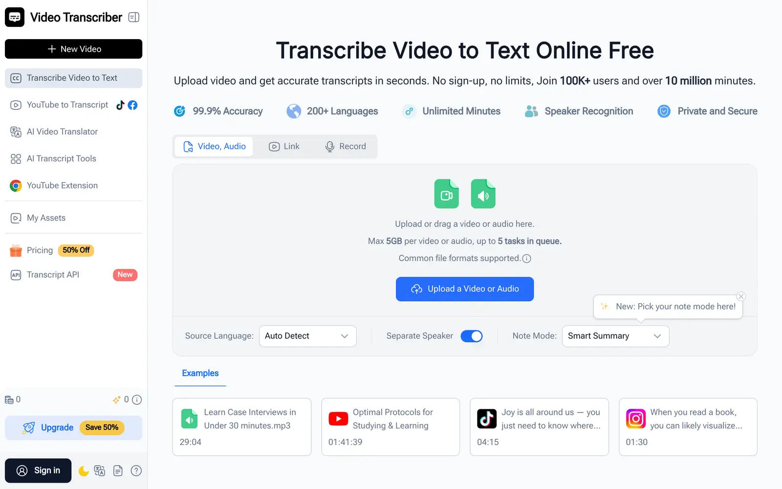 Screenshot of the Video Transcriber AI website