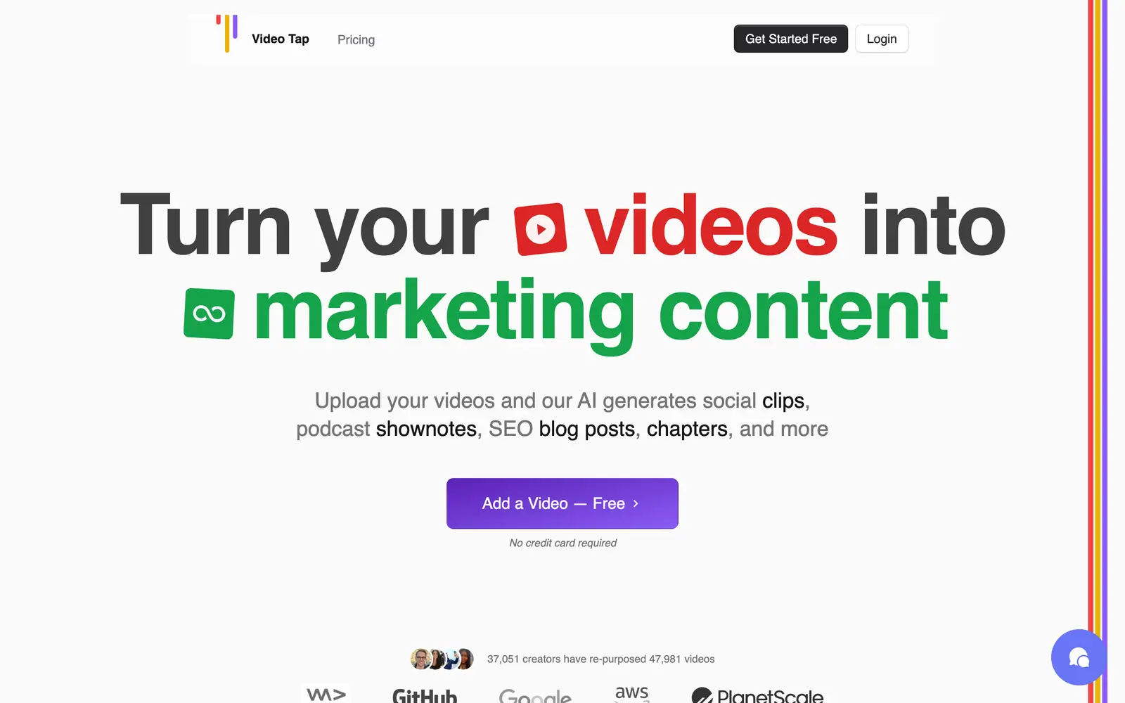 Screenshot of the Video Tap website