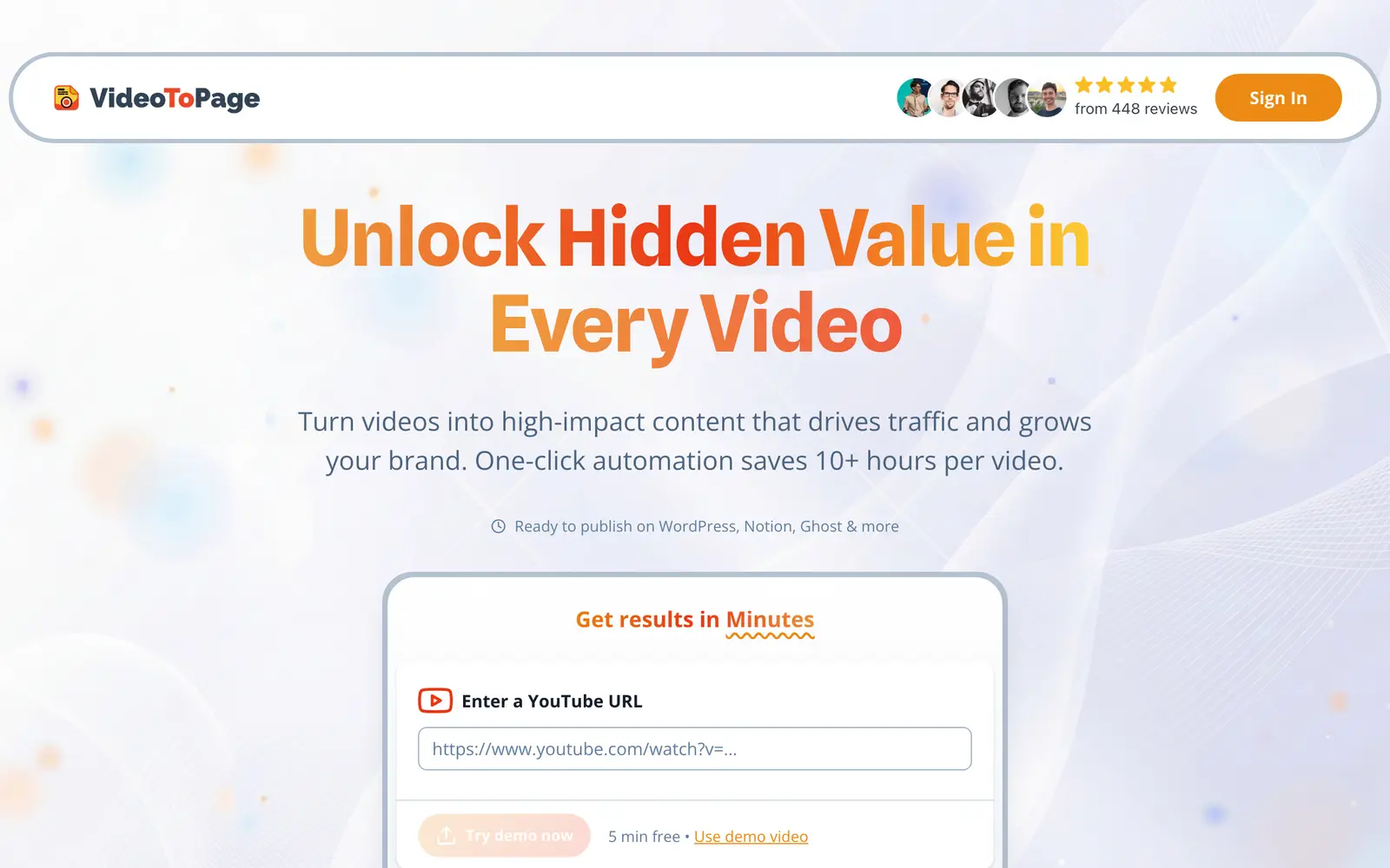 Screenshot of the VideoToPage website