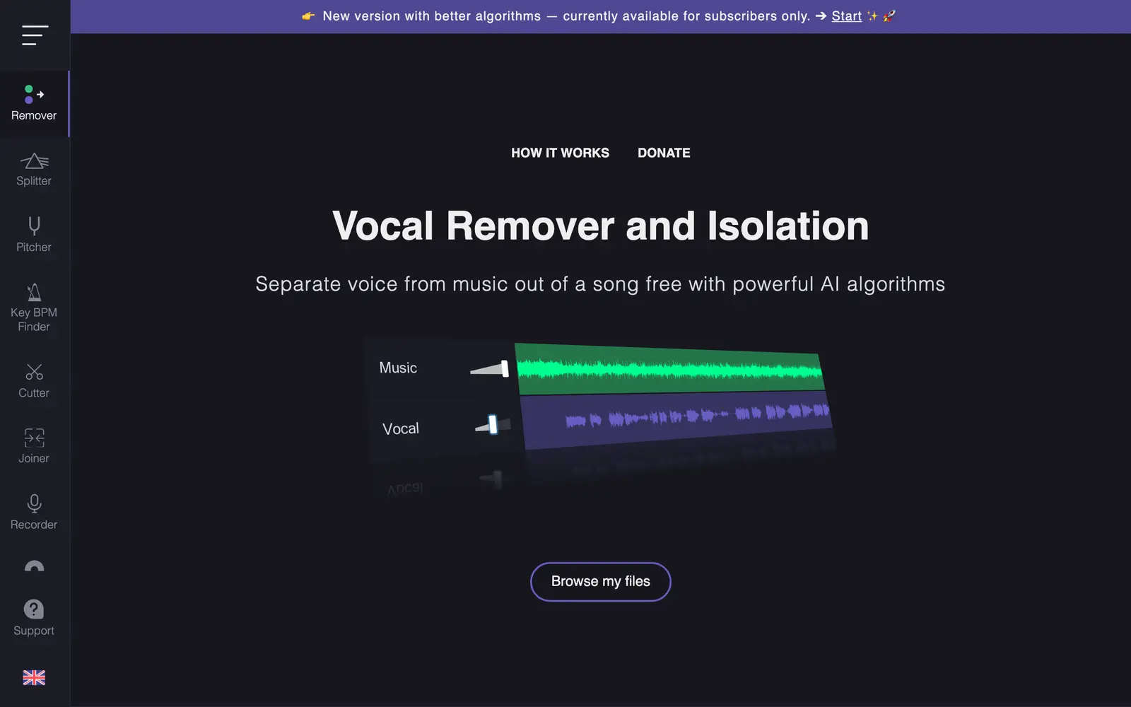 Screenshot of the Vocal Remover website