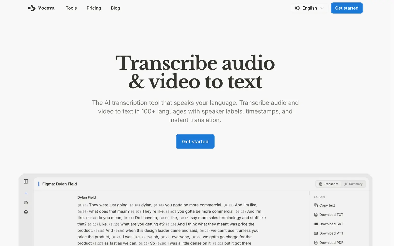Screenshot of the Vocova website