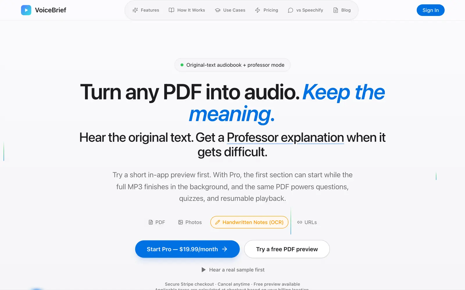 Screenshot of the VoiceBrief website