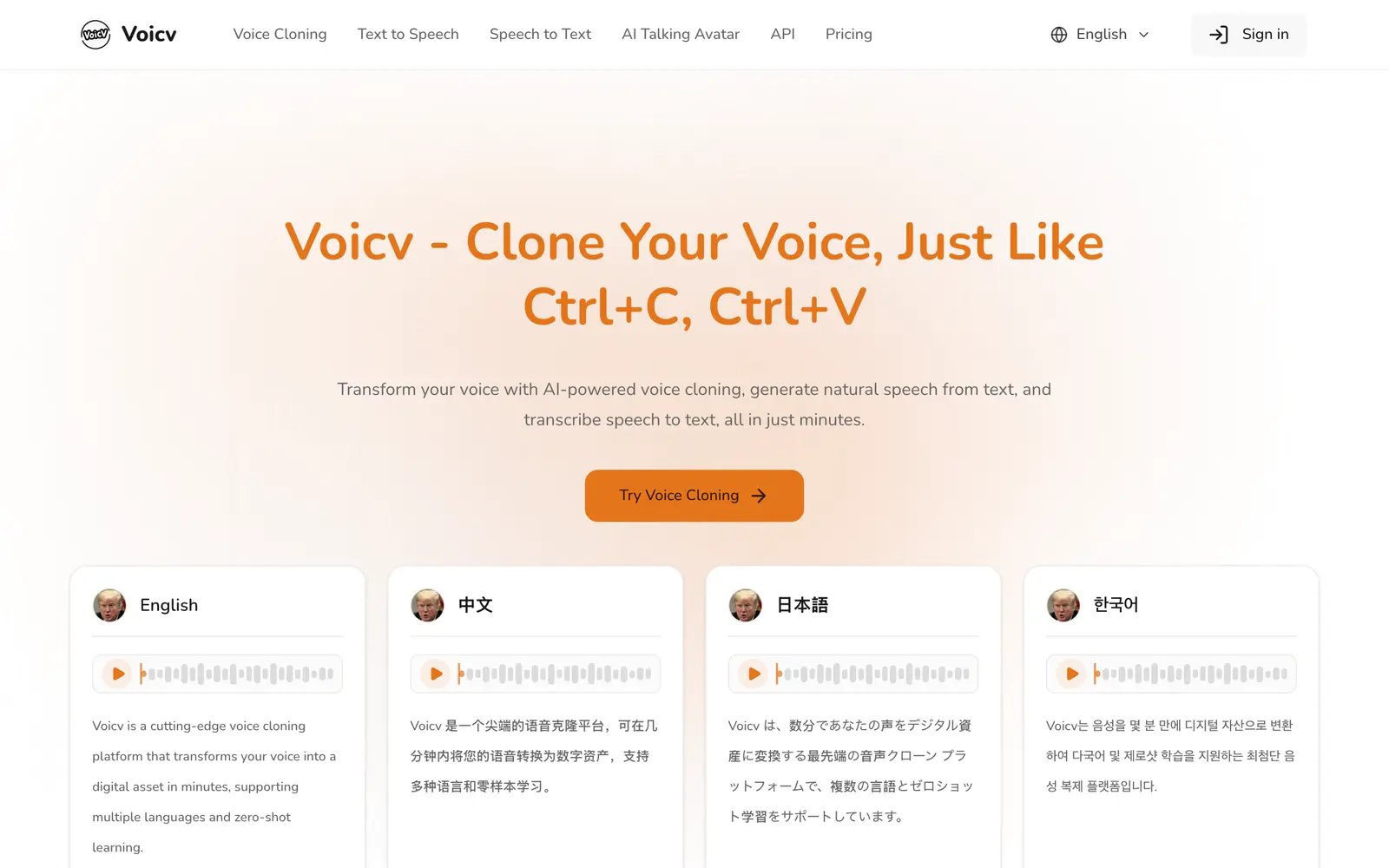 Screenshot of the Voicv website