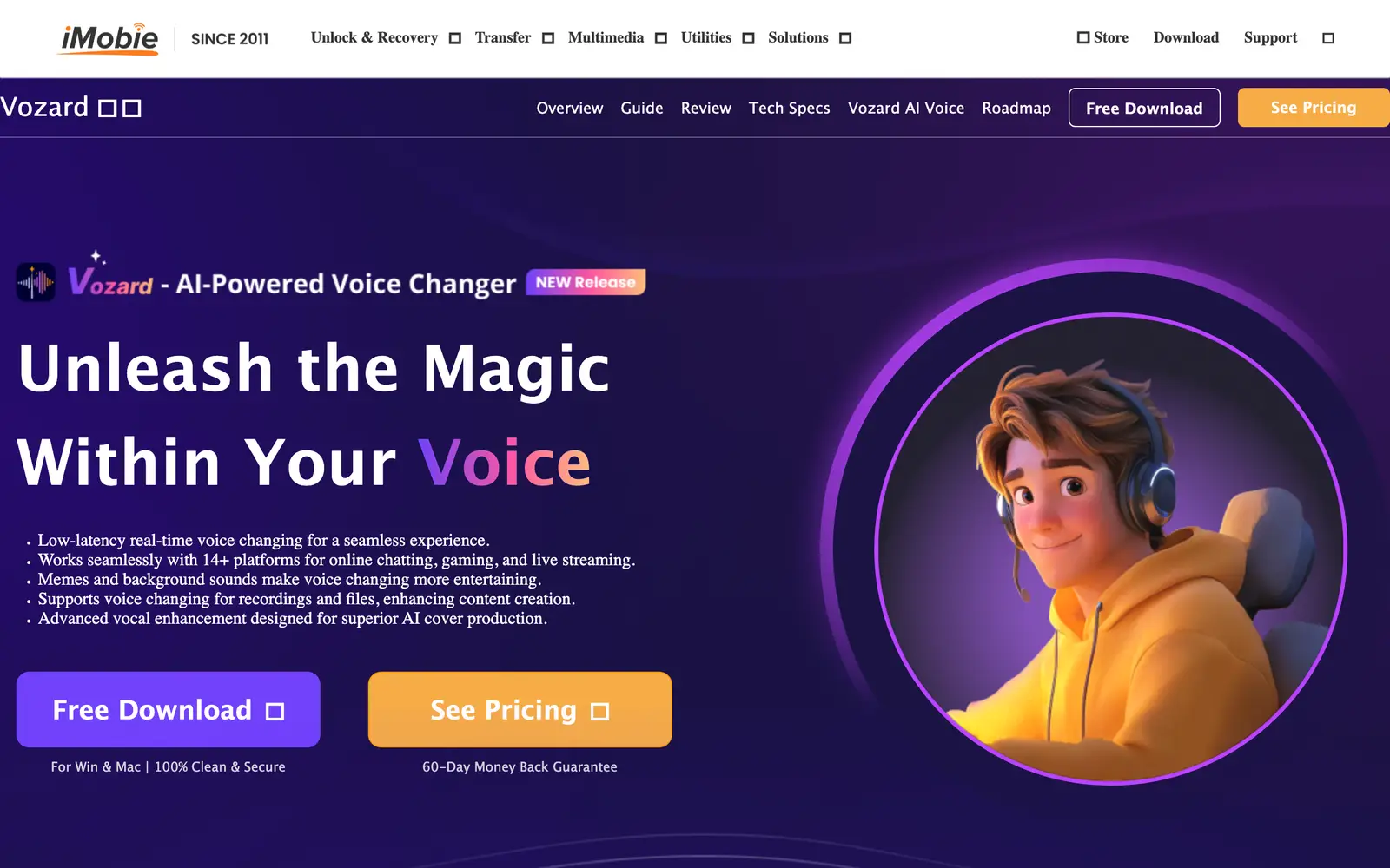 Screenshot of the Vozard website