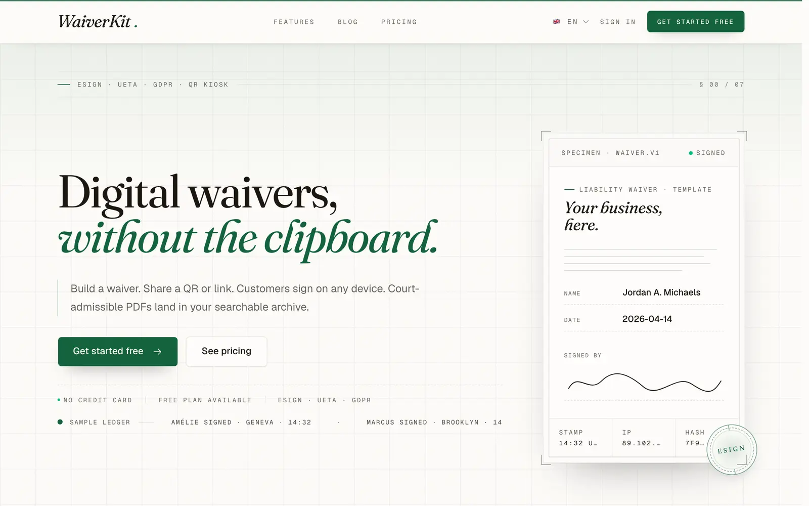 Screenshot of the WaiverKit website