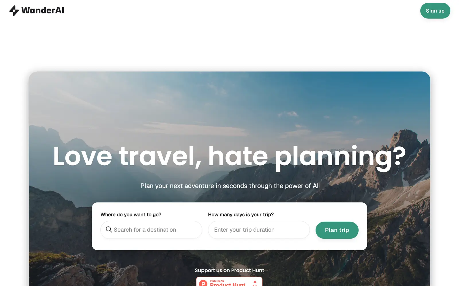 Screenshot of the WanderAI website