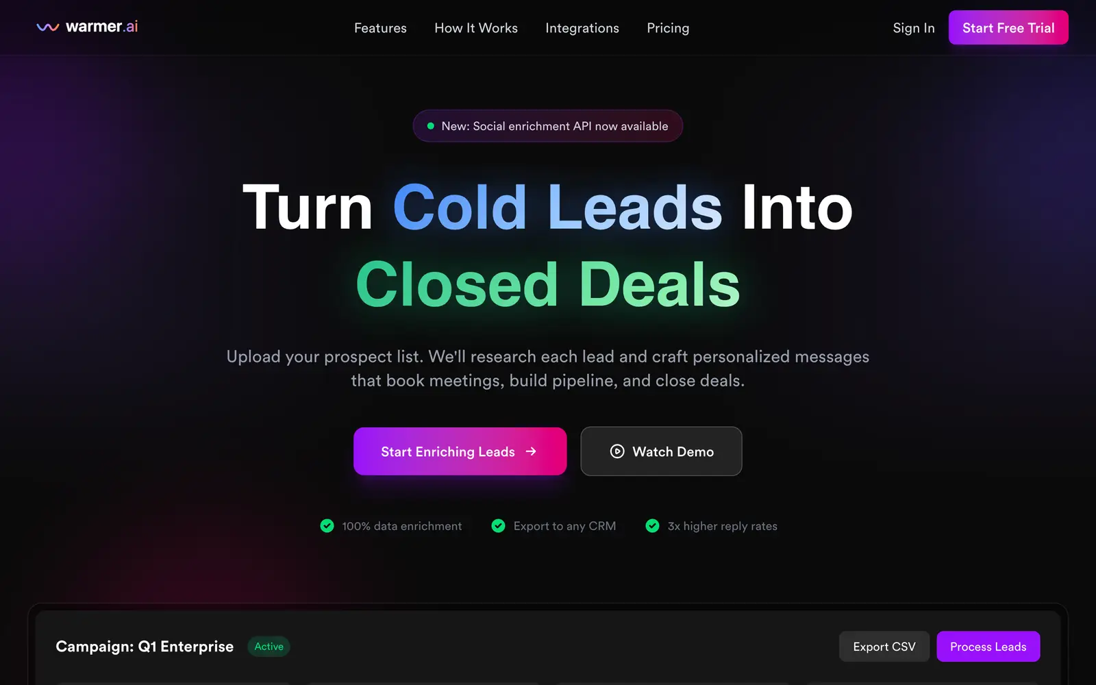 Screenshot of the Warmer.ai website