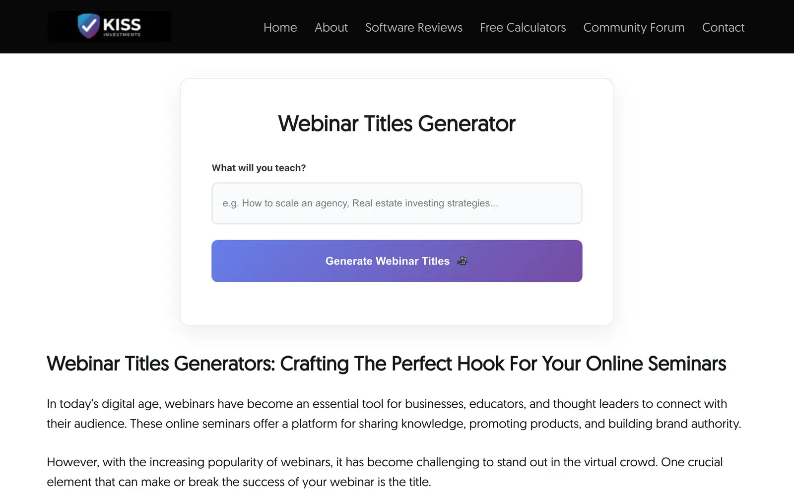 Screenshot of the Webinar Titles Generator website
