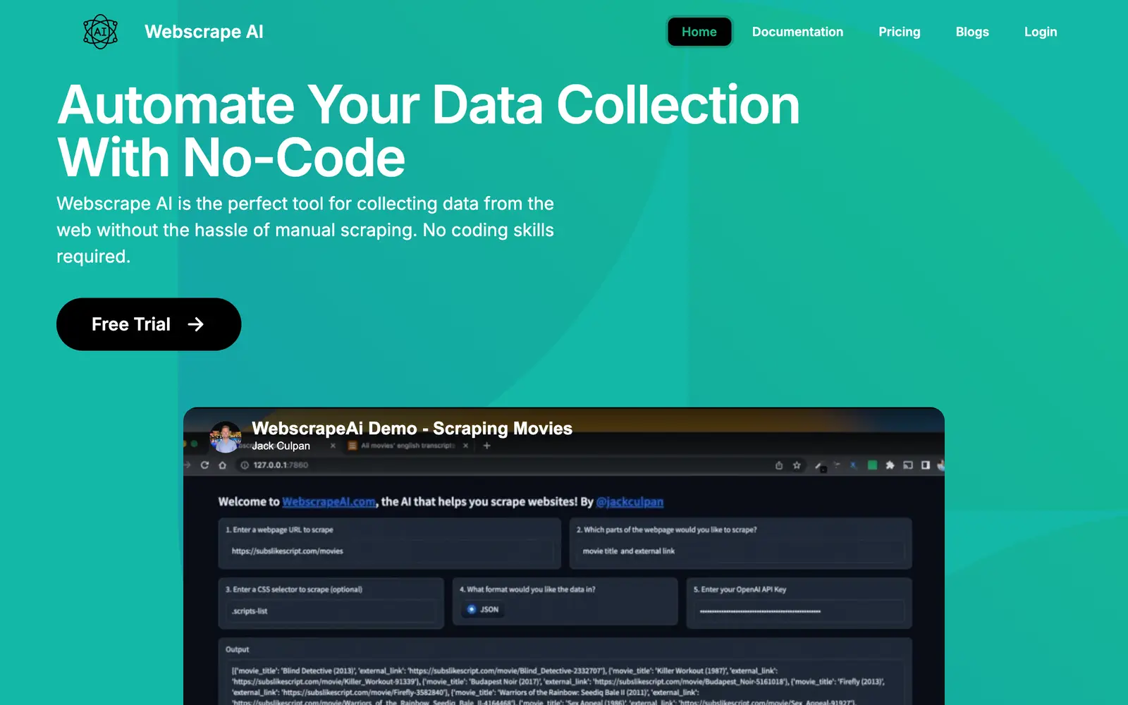 Screenshot of the Webscrape AI website