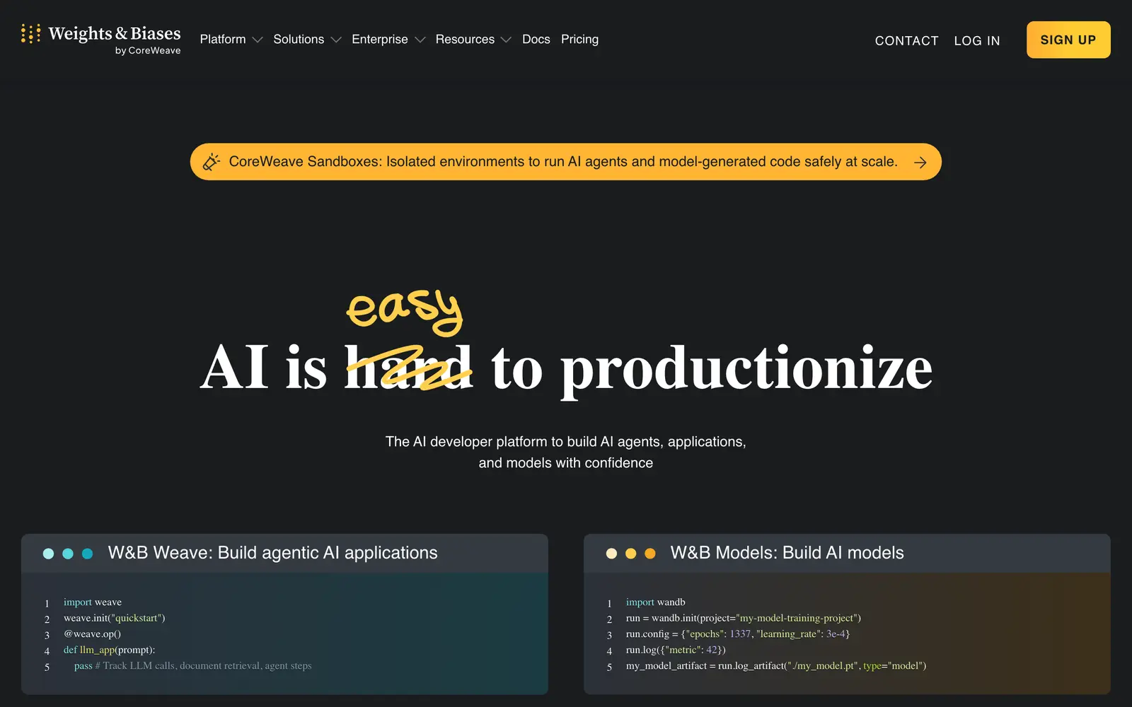 Screenshot of the Weights & Biases website