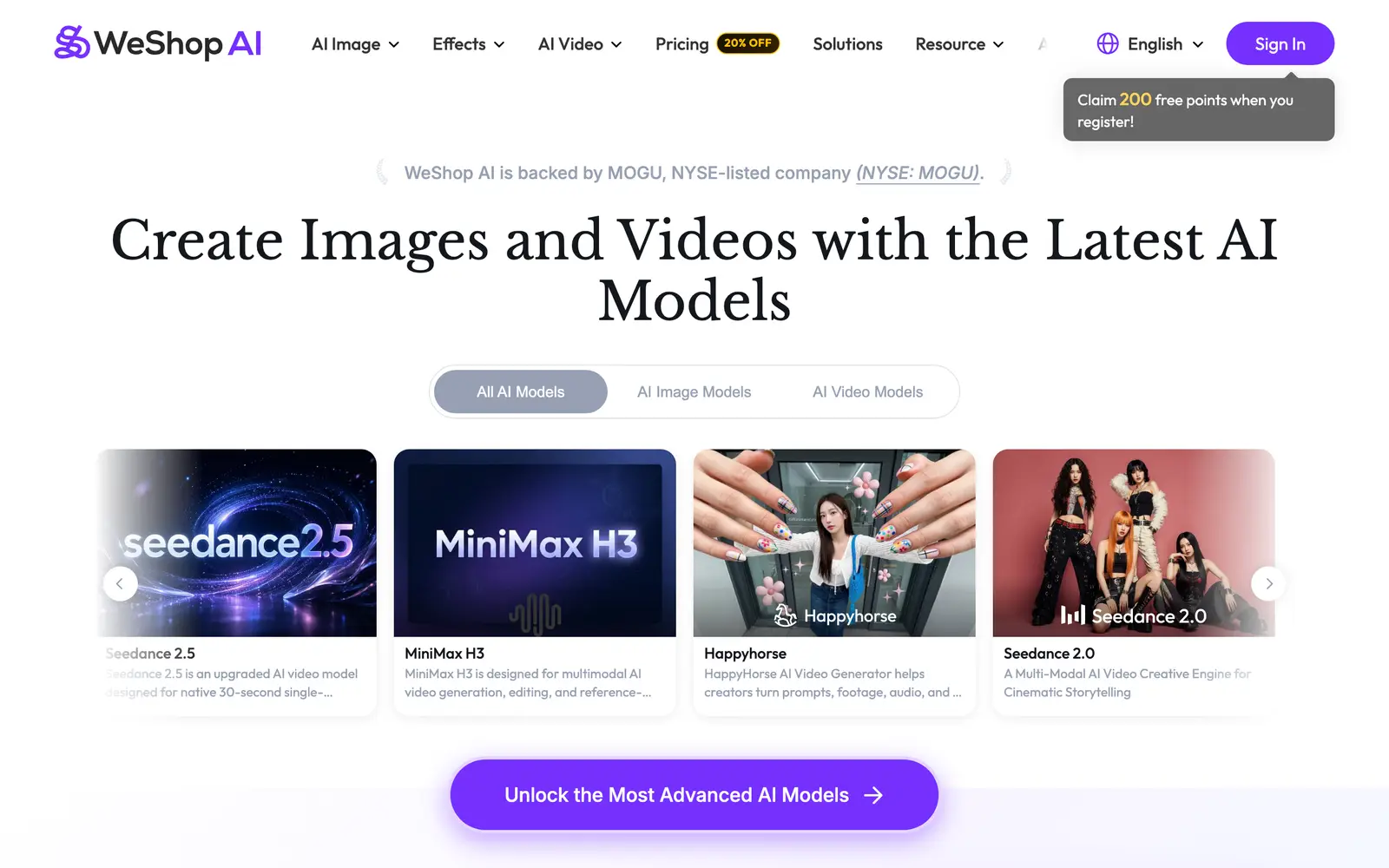 Screenshot of the WeShop AI website