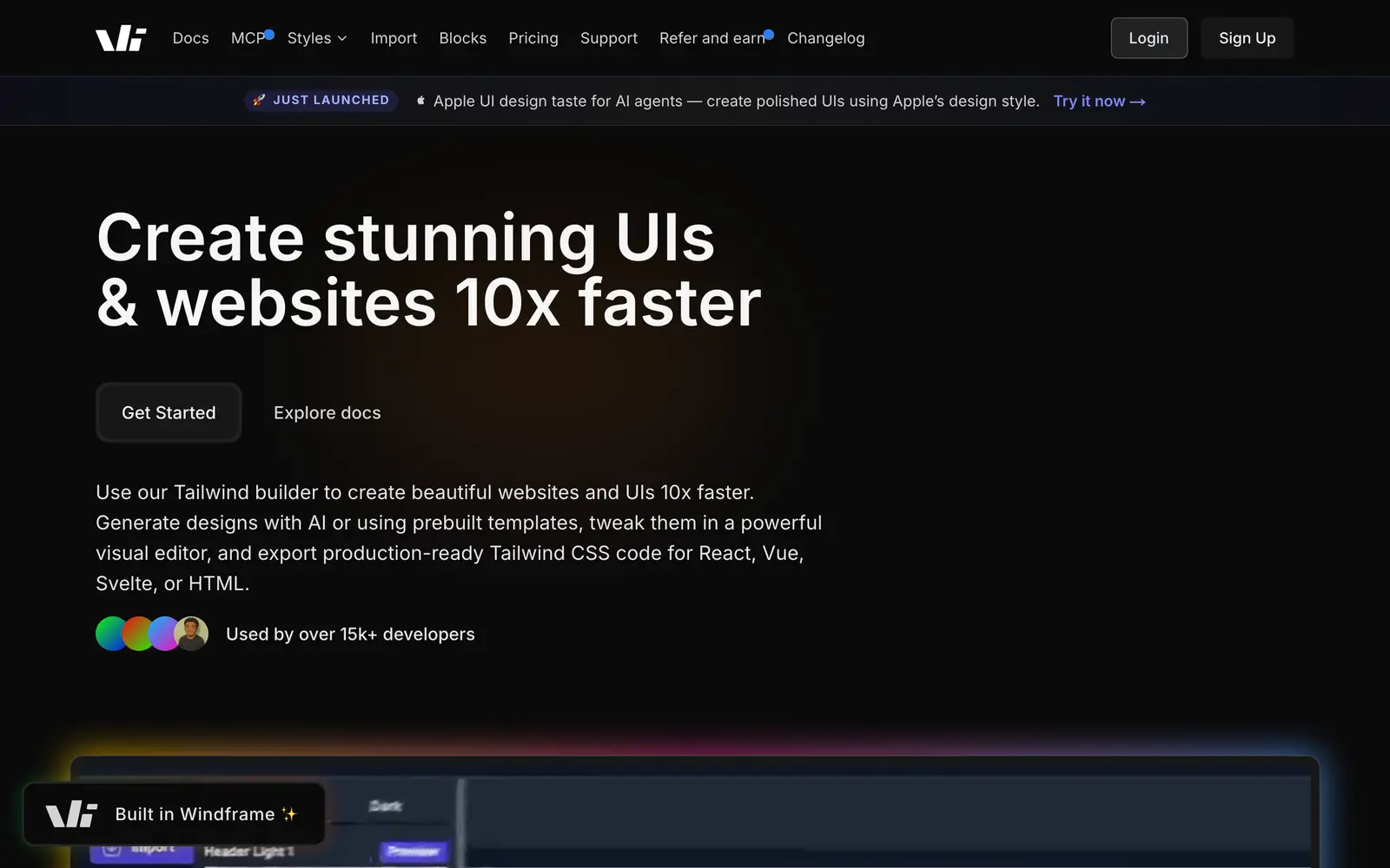 Screenshot of the Windframe website