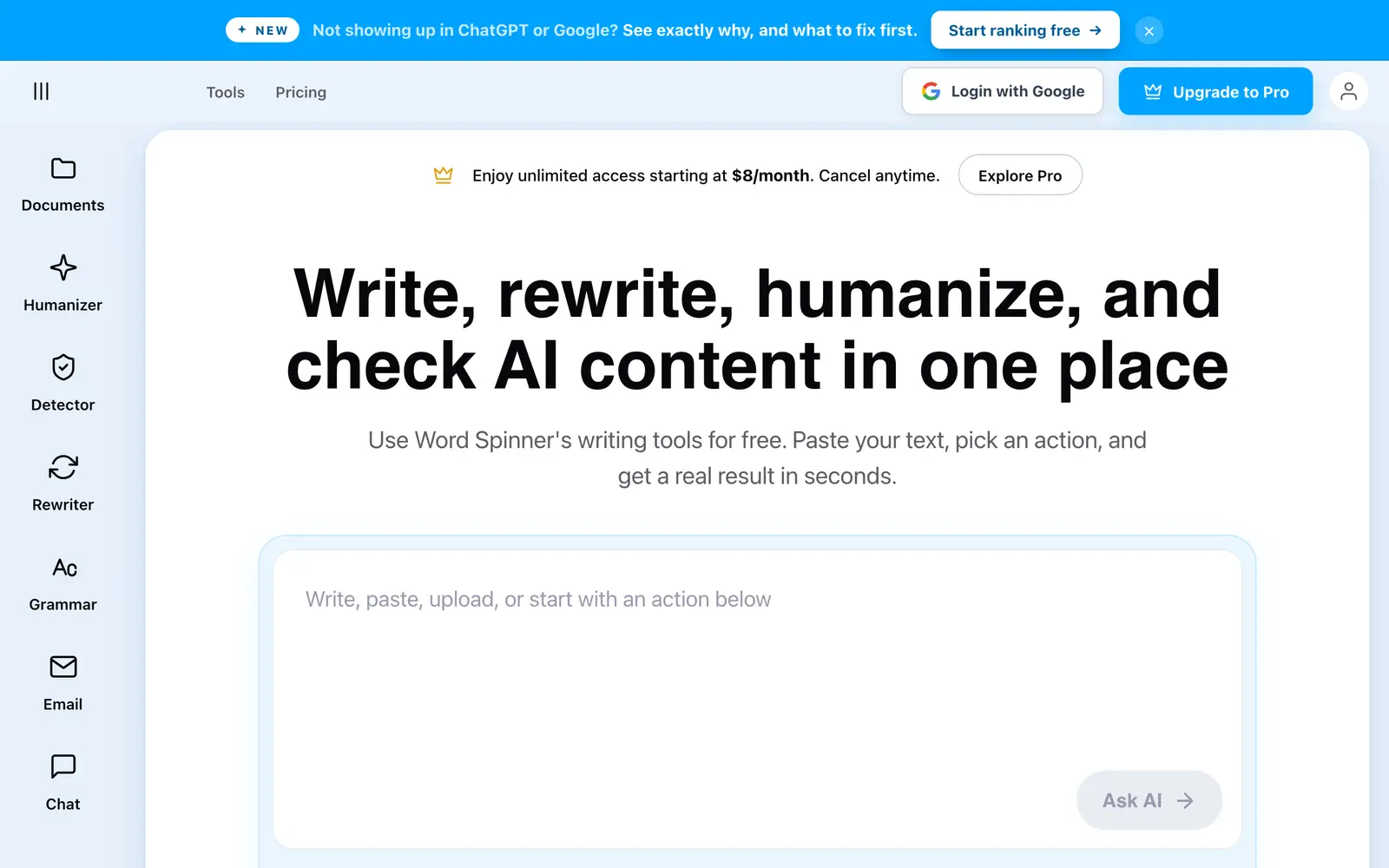 Screenshot of the Word Spinner website